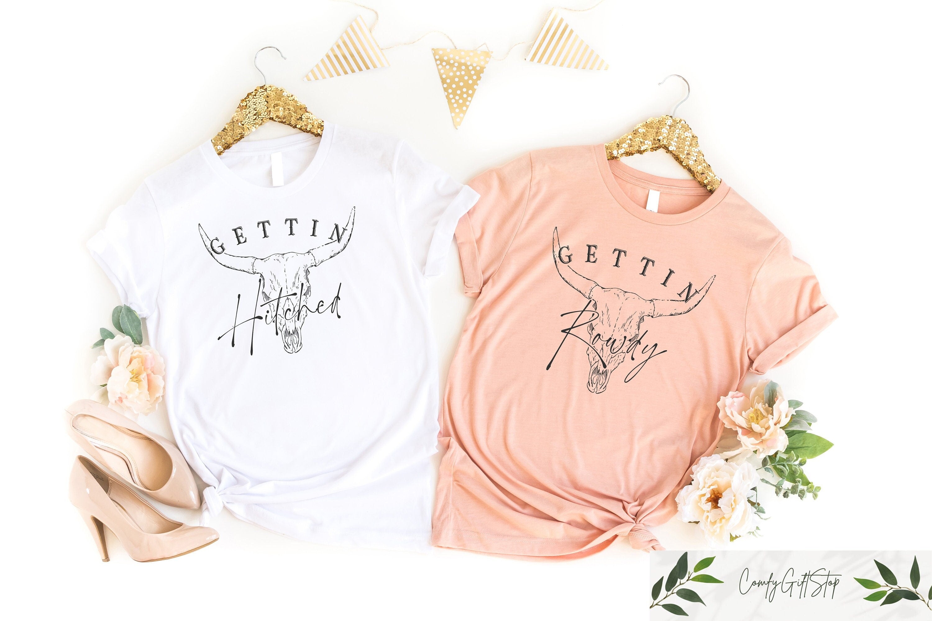 Getting Hitched Rowdy Shirt Western Bachelorette Party Favors Wedding Gifts Country Bachelorette Shirt Team Bride Shirt Bride Shirt Graphic Tee – Fan Favorite · Perfect For Daily Wear