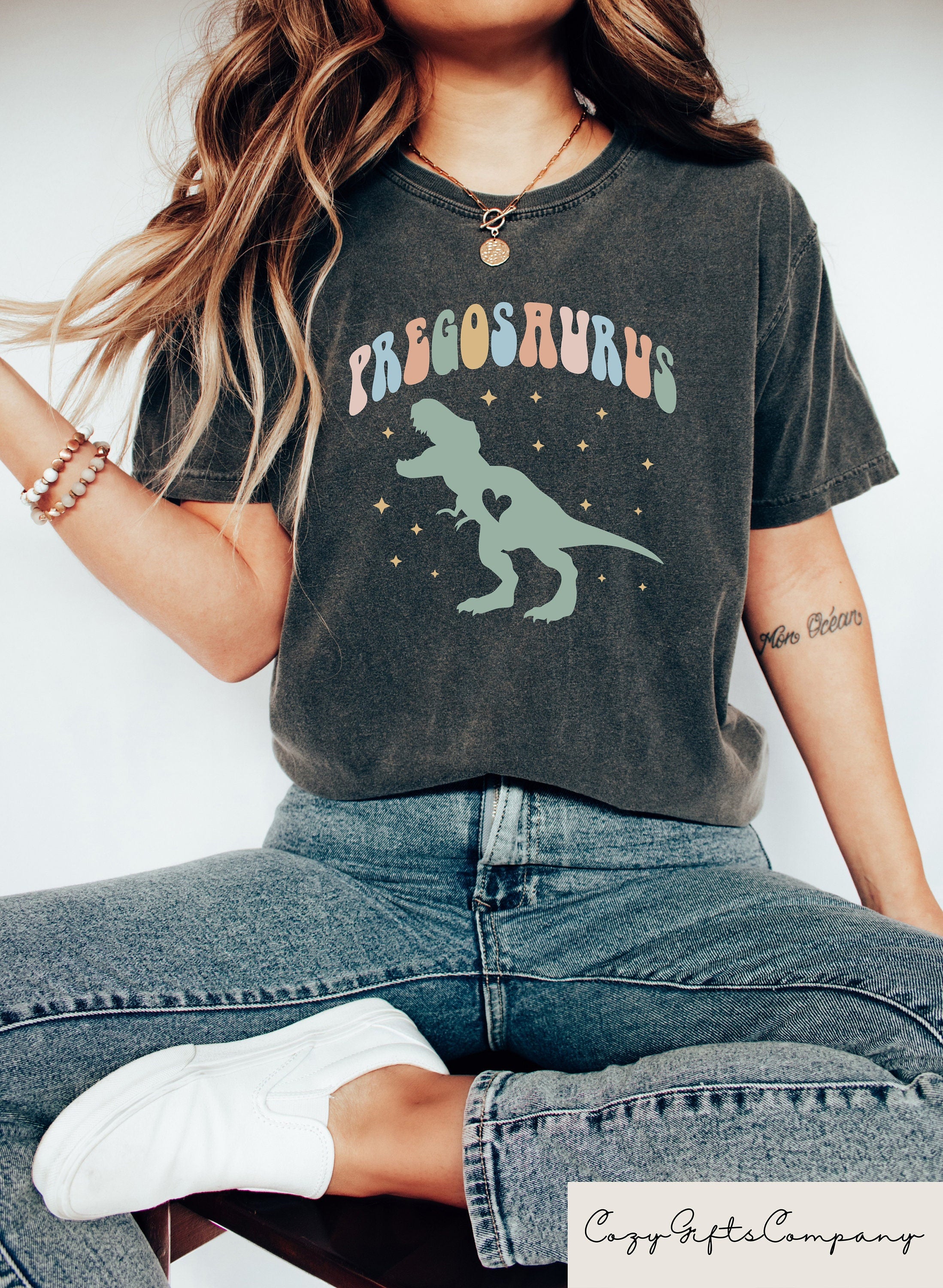 Pregnancy Announcement Shirt for Women Retro Pregosaurus T Shirt for Baby Shower Funny Gift for Expecting Mom Shirt for Baby Announcement Graphic Tee – Feel-Good Design · Great Gift For Fans