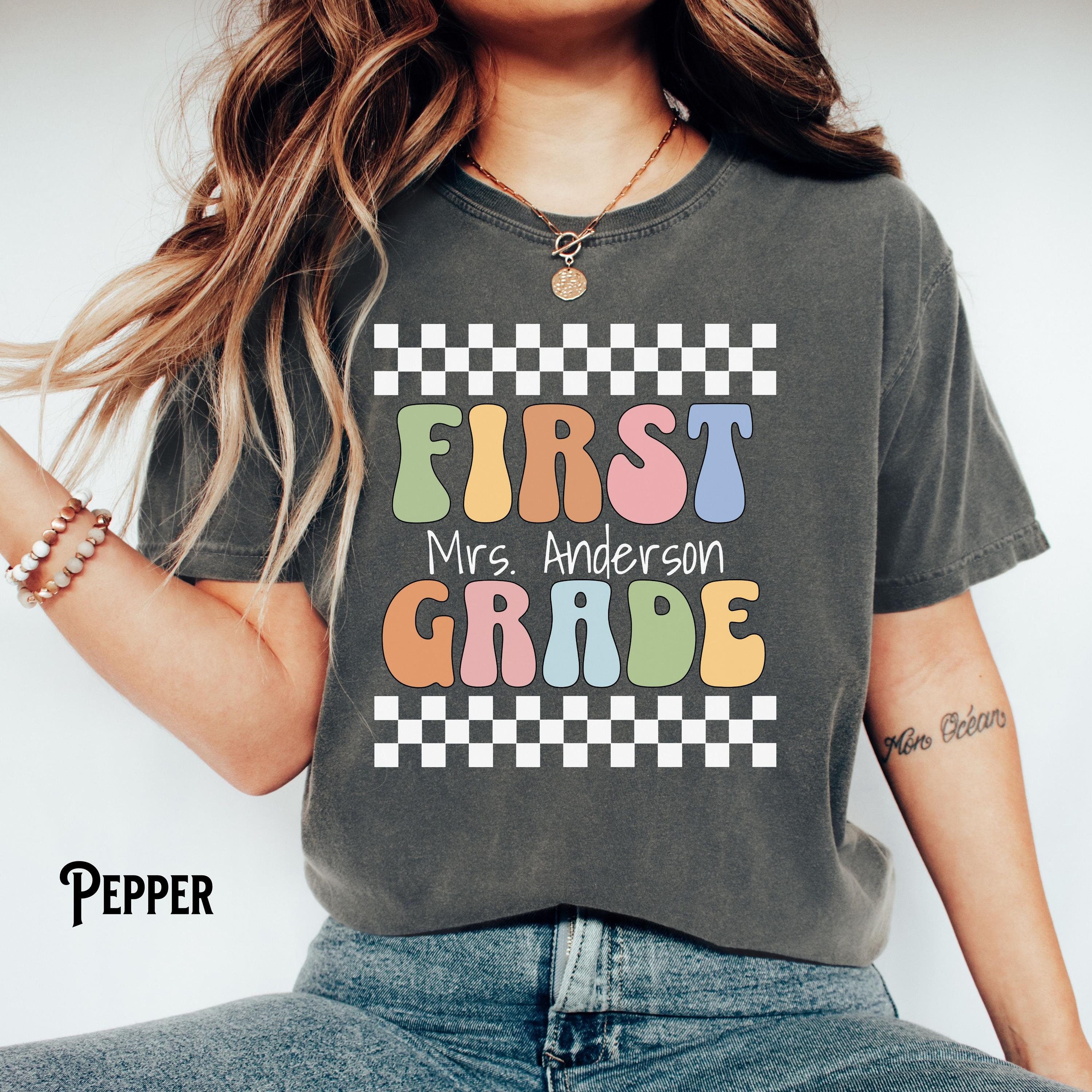 Custom Teacher T Shirt Retro First Grade Second Grade Third Grade Forth Grade Fifth Grade Personalized Name Graphic Tee – Warm & Stylish · Must-Have Style