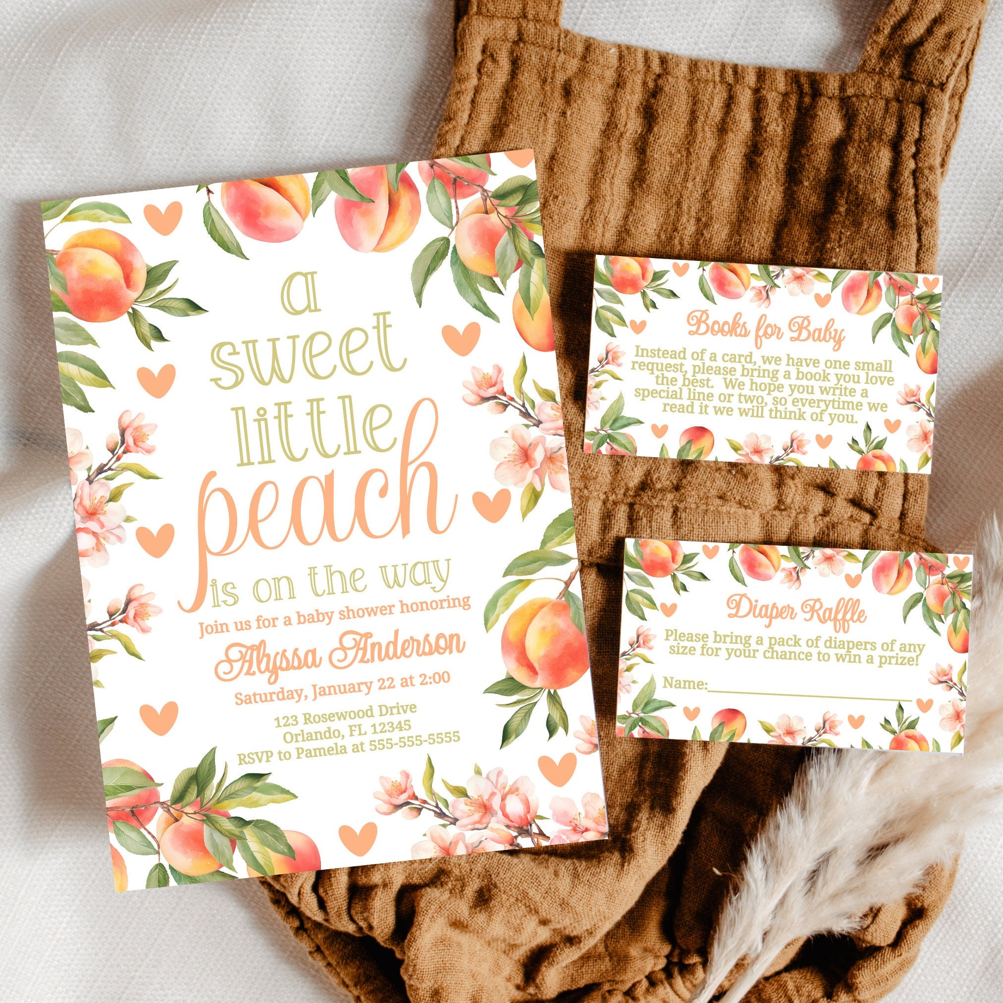 Sweet as a Peach Baby Shower Bundle Summer Baby Shower Invite Bundle Girl Baby Shower A Sweet Little Peach Diaper Raffle Books for Baby P123 Graphic Tee – Easygoing Wear · Must-Have Style