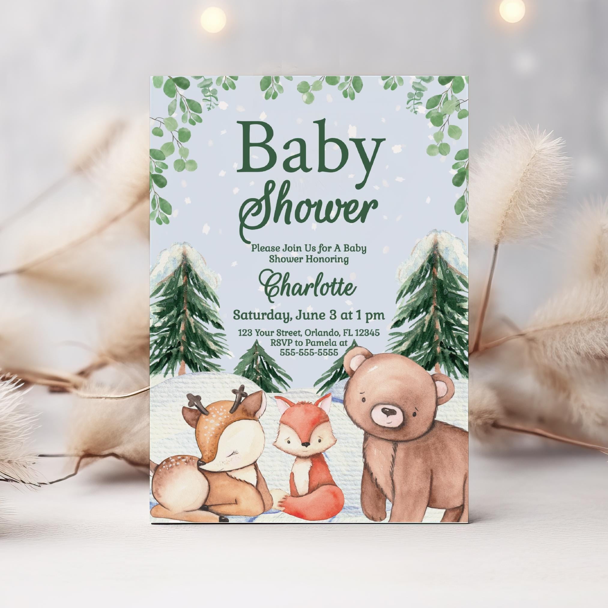 Winter Woodland Baby Shower Invitation Winter Baby Shower Woodland Animals Baby Shower Forest Baby Shower Boy Christmas Shower invite WL5 Graphic Tee – Feel-Good Design · Trending Graphic Apparel