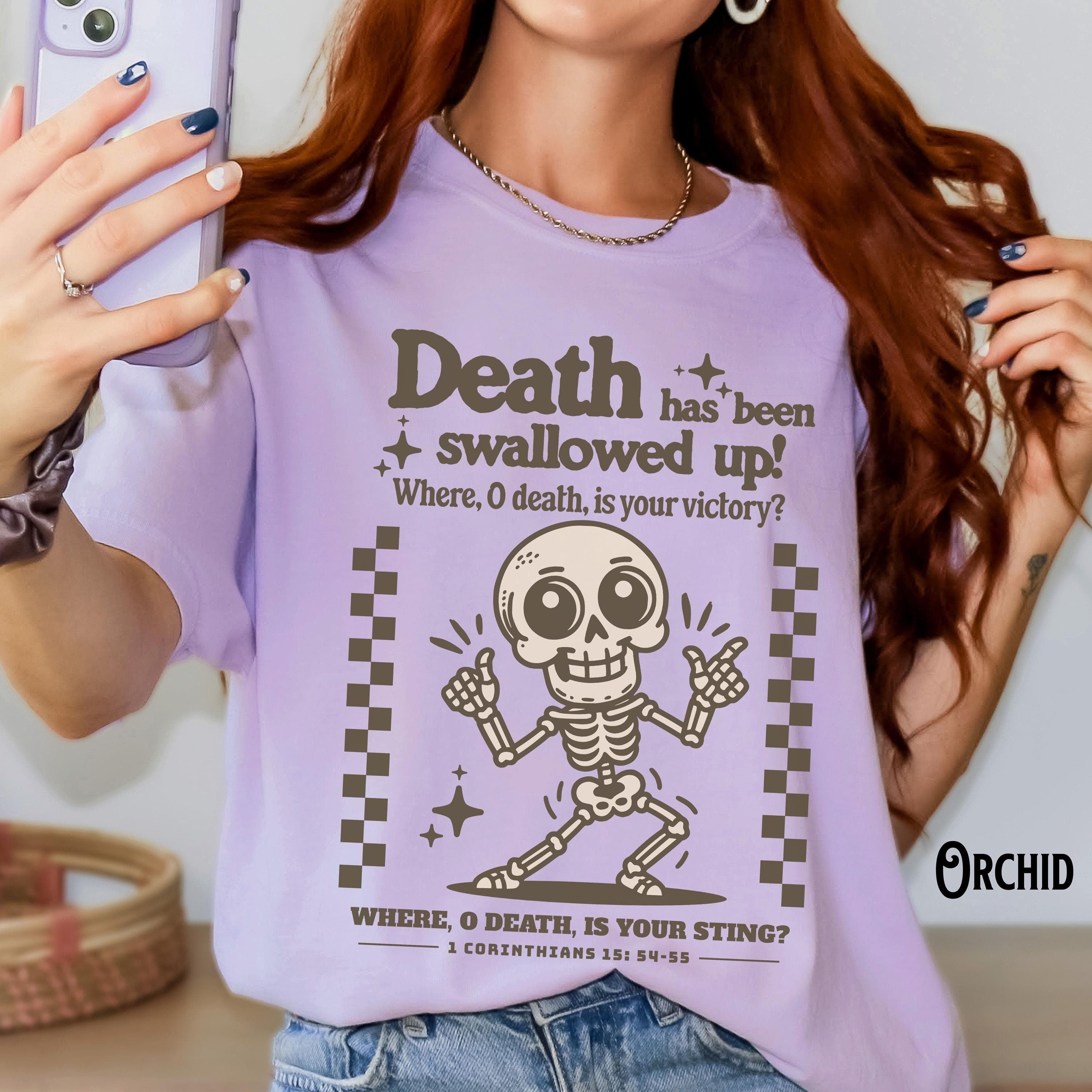 Christian Shirt Skeleton Urban Streetwear Christian Gift Bible Verse No Death Faith Retro Death Where is You Sting Graphic Tee – Aesthetic Look · Trending Graphic Apparel