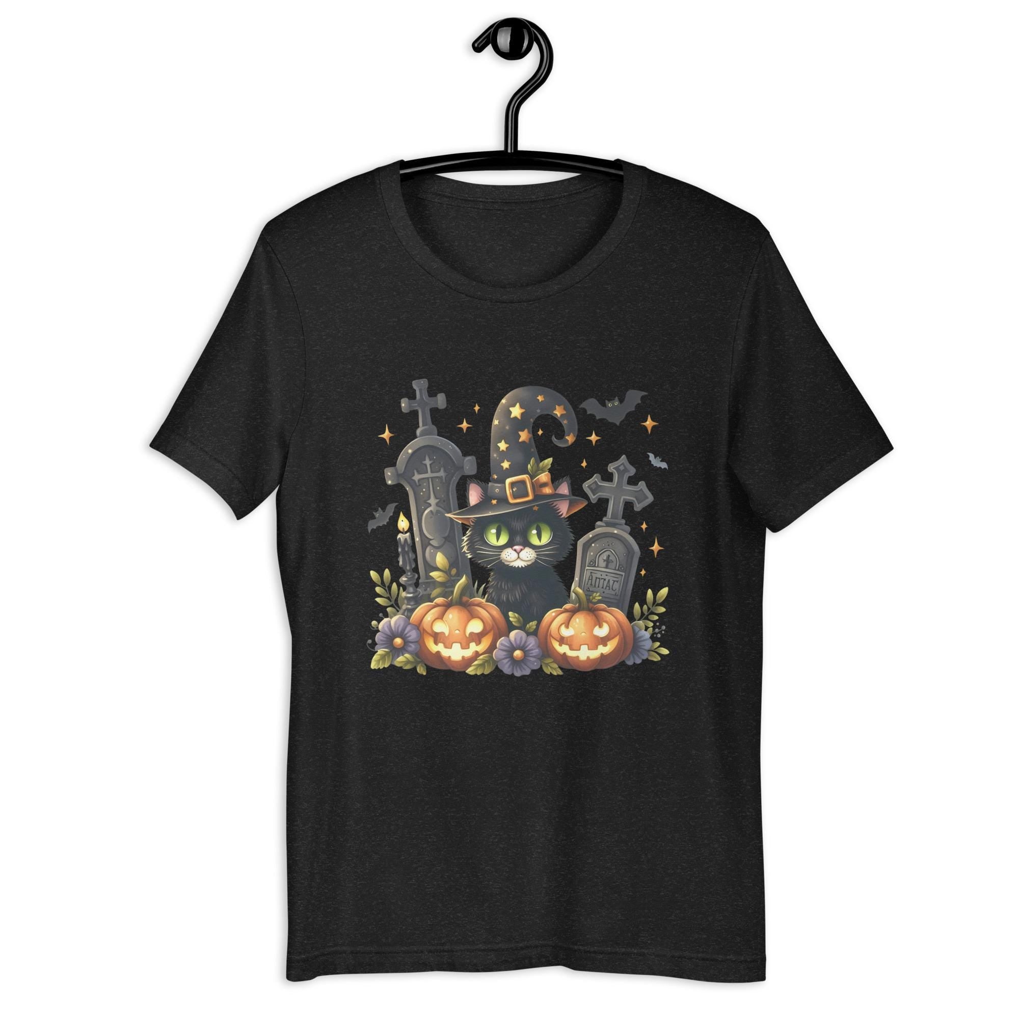 Adorably Spooky Black Kitty Witch Pumpkin Graveyard Unisex t shirt Graphic Tee – Soft Feel · Top Pick For Any Outfit