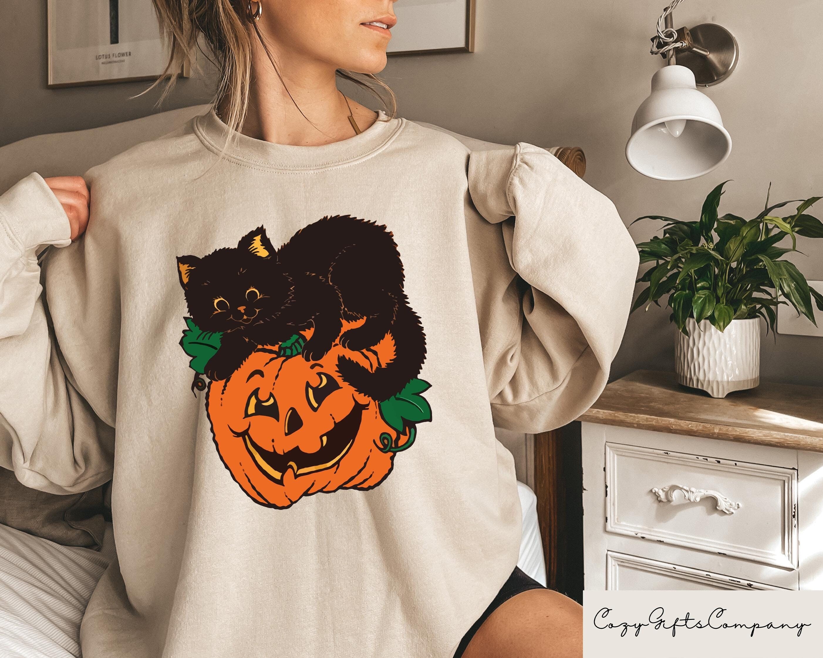Black Cat Pumpkin Sweatshirt Fall Tshirt Halloween Gift Black Cat Halloween Hoodies Retro Halloween Sweatshirt and Hoodie Hoodie – Aesthetic Look · Perfect For Daily Wear