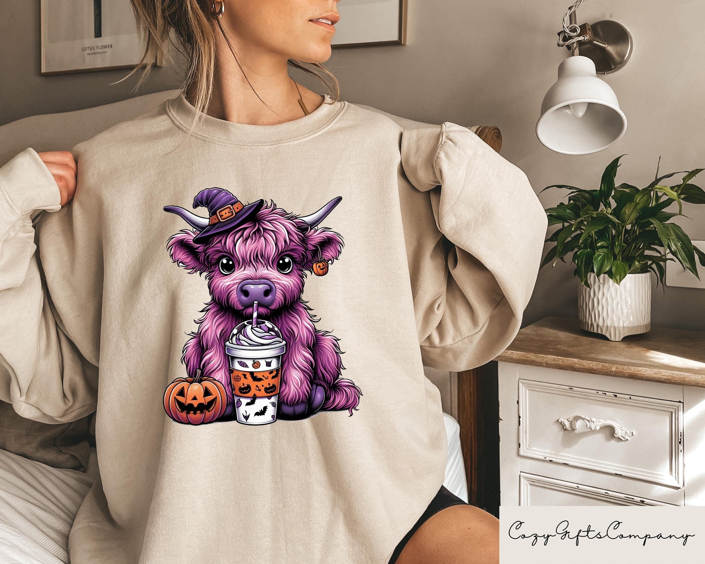 Halloween Funny Highland Cow Sweatshirt Halloween Sweatshirt Halloween Animals Womens Cute Highland Cow Fall Shirt Spooky Season Gift Sweatshirt – Soft Feel · Must-Have Style
