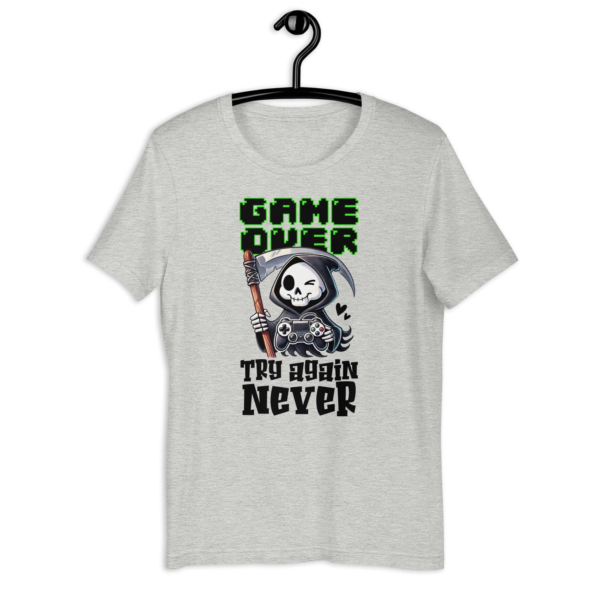 Game Over Try Never Again Reaper Halloween Spooky Unisex t shirt Graphic Tee – Warm & Stylish · Trending Graphic Apparel