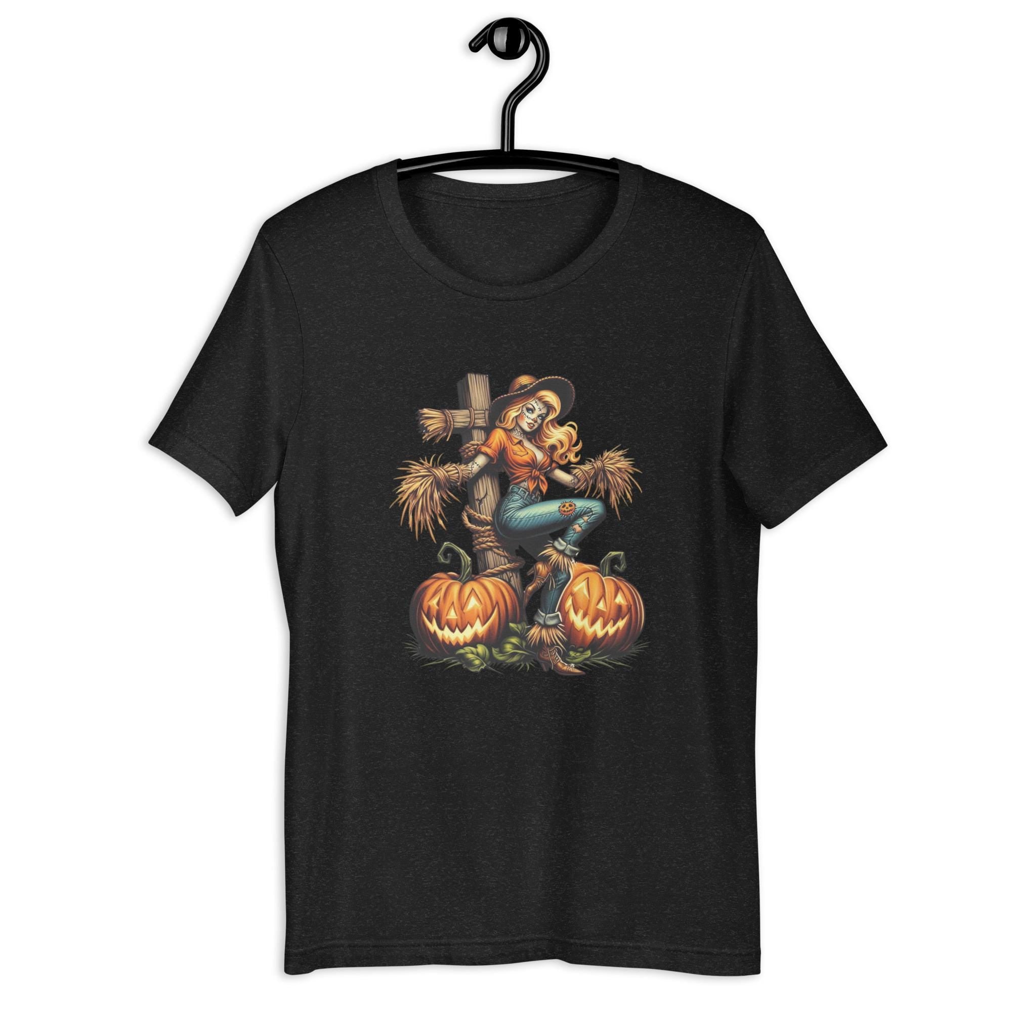 Spooky Scarecrow Girl with Pumpkins Halloween Fright Unisex t shirt Graphic Tee – Aesthetic Look · Great Gift For Fans