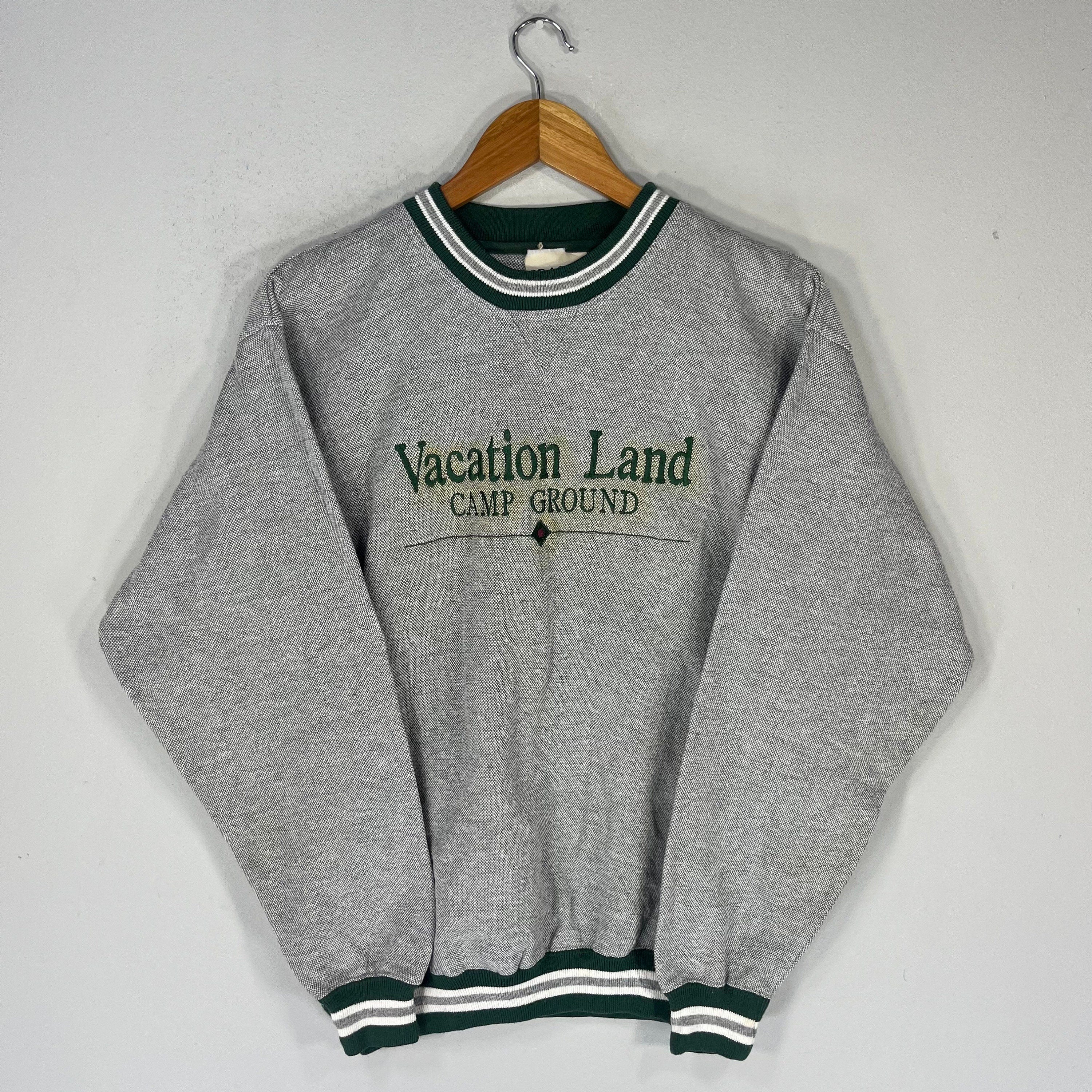 Vintage Brazos Tag Vacation Land Camp Ground Spellout BigLogo Embroidered Sweatshirt Crewneck Sweater Vacation Cam Colour Gray Size Medium Sweatshirt – Aesthetic Look · Must-Have Style