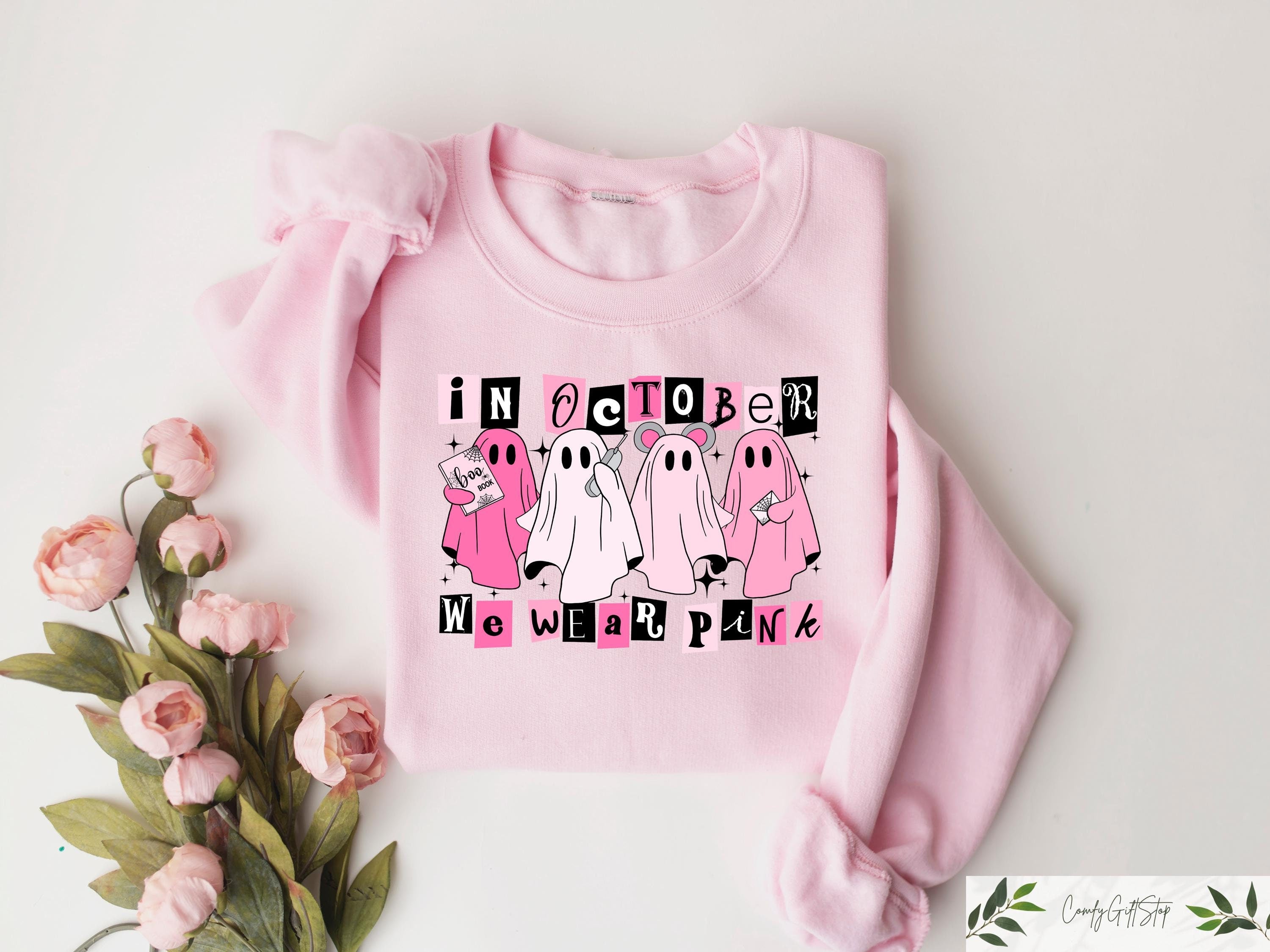 On Wednesday We Wear Pink Halloween Sweatshirt Cute Pink Ghost T Shirt Mean Girls Halloween Gift Boo Reading Halloween Tee Sweatshirt – Easygoing Wear · High-Quality Print