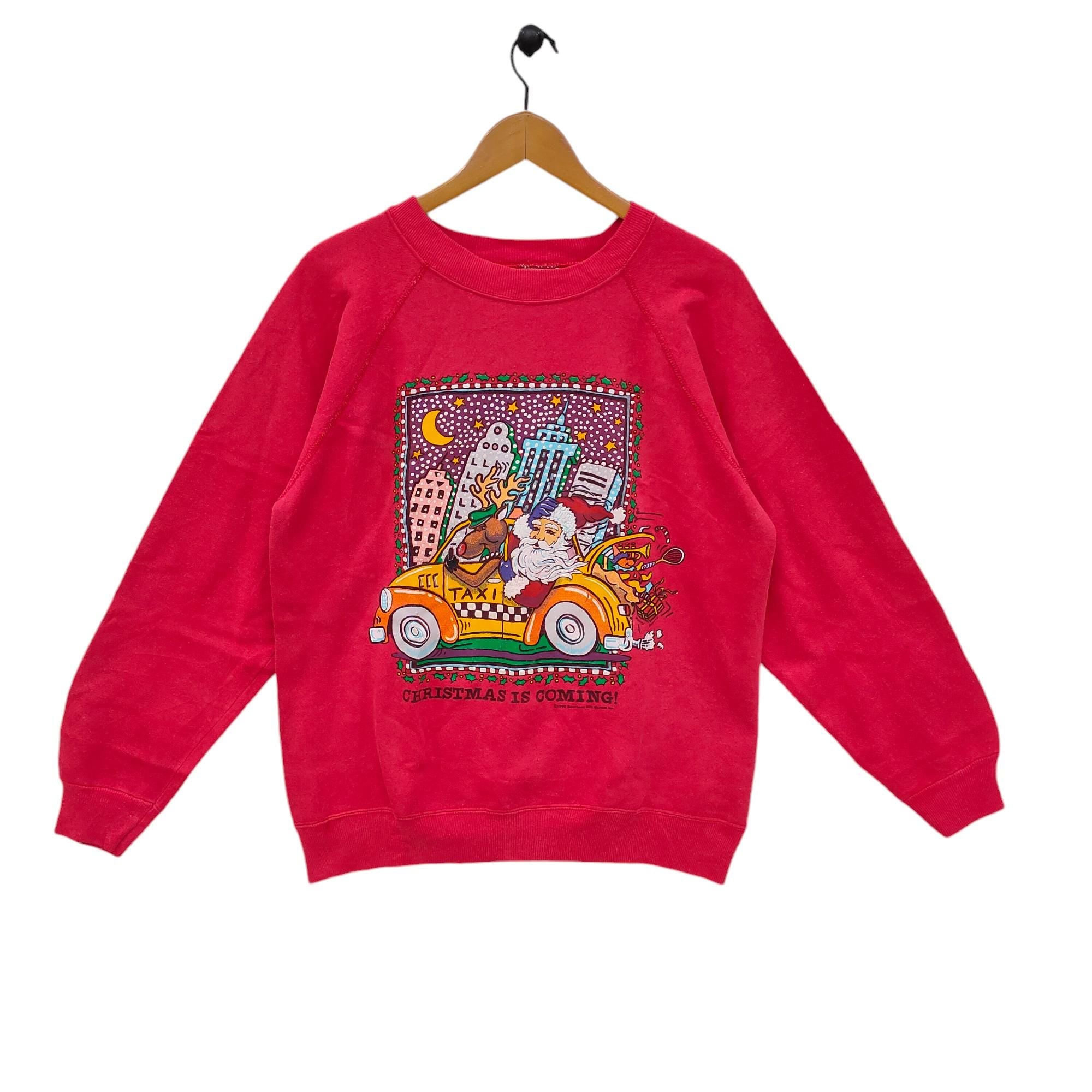 90s Christmas Raglan Sweatshirt Vintage Hanes 1990 Santa Taxi Christmas is Coming Sweater Jumper Crewneck Red Sweatshirt – Bold Style · Perfect For Daily Wear