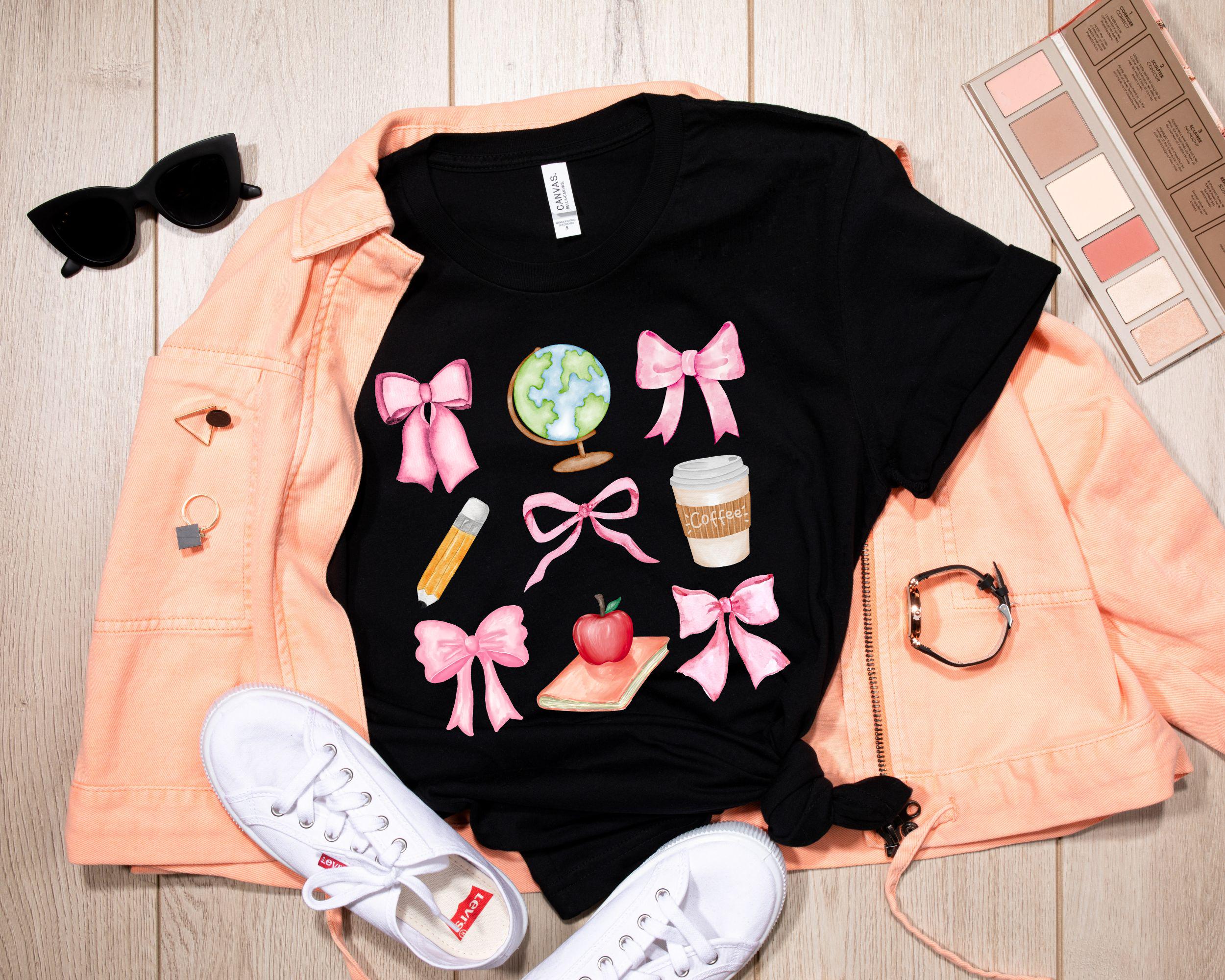 Custom Teacher T Shirt with Pink Bows Coquette Crewneck Back to School Shirt Mrs Teacher Appreciation Gift Preppy Teach Tee Gift for Her Graphic Tee – Bold Style · Top Pick For Any Outfit