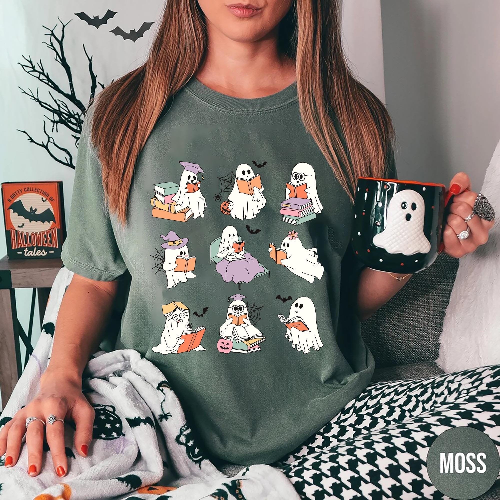 Retro Ghosts Reading Books Teacher Librarian Halloween Gift Spooky Season Trendy Shirt Gift Halloween Book Lover Graphic Tee – Cozy Vibes · Top Pick For Any Outfit