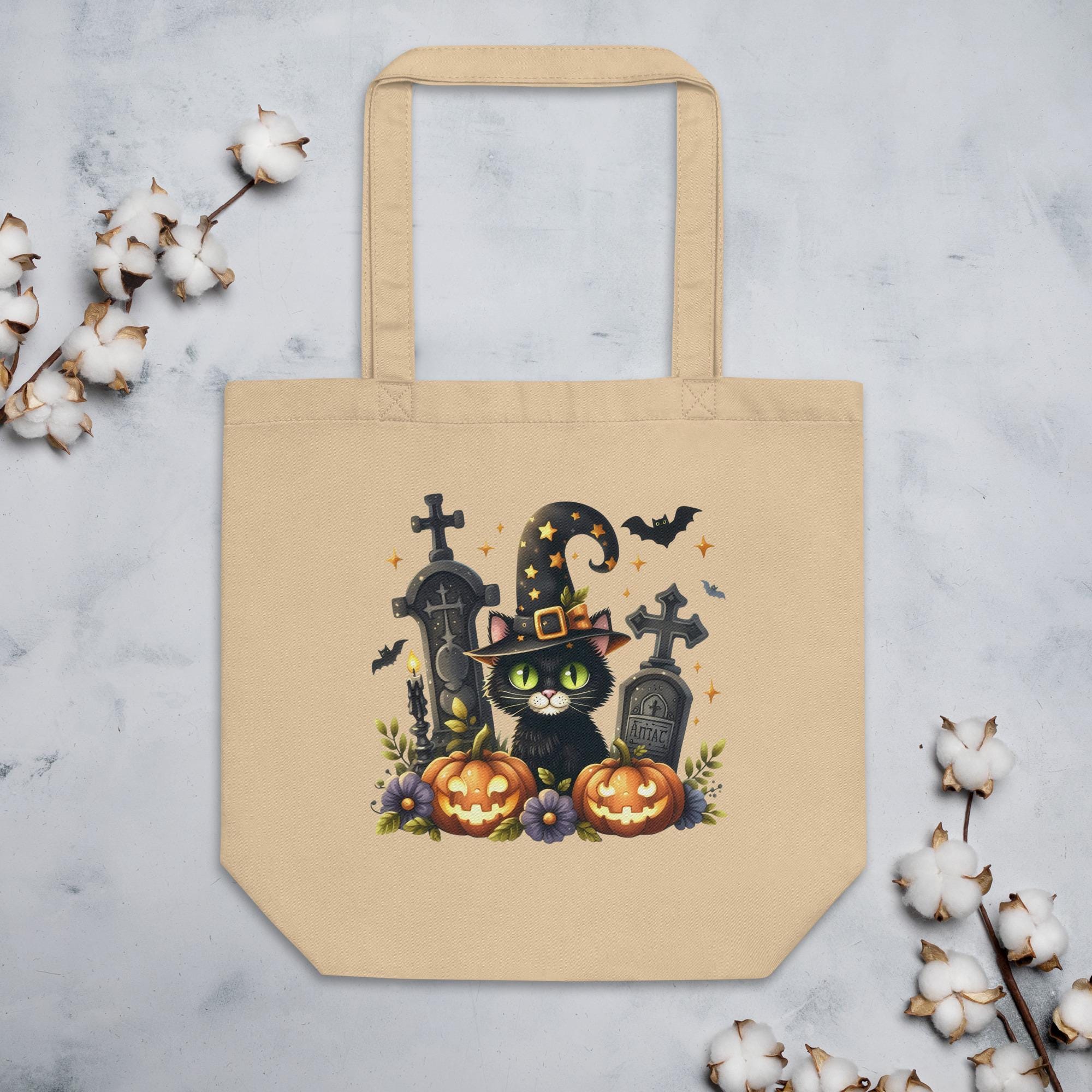 Adorably Spooky Black Kitty Witch Pumpkin Graveyard Eco Tote Bag Tote Bag – Soft Feel · High-Quality Print