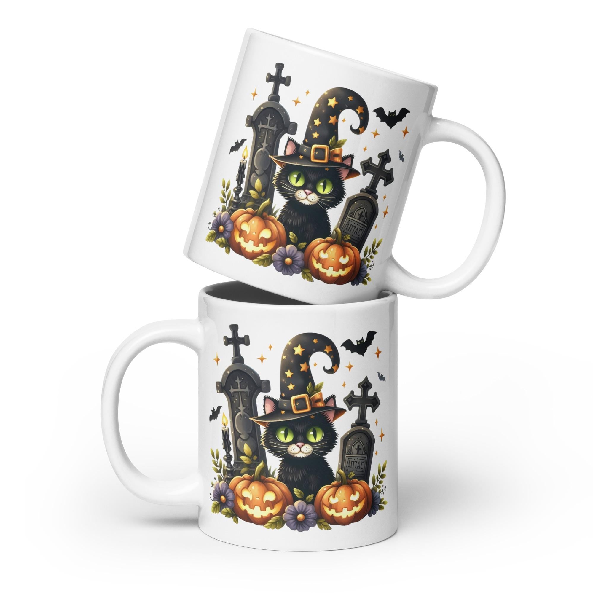 Adorably Spooky Black Kitty Witch Pumpkin Graveyard White glossy mug Graphic Tee – Everyday Comfort · Top Pick For Any Outfit