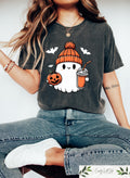 Cute Halloween Ghost Sweatshirt With Pumpkin And Coffee Cozy Fall Sweatshirt Halloween Gift Halloween Party Shirts Halloween Crewneck Sweatshirt – Everyday Comfort · Perfect For Daily Wear