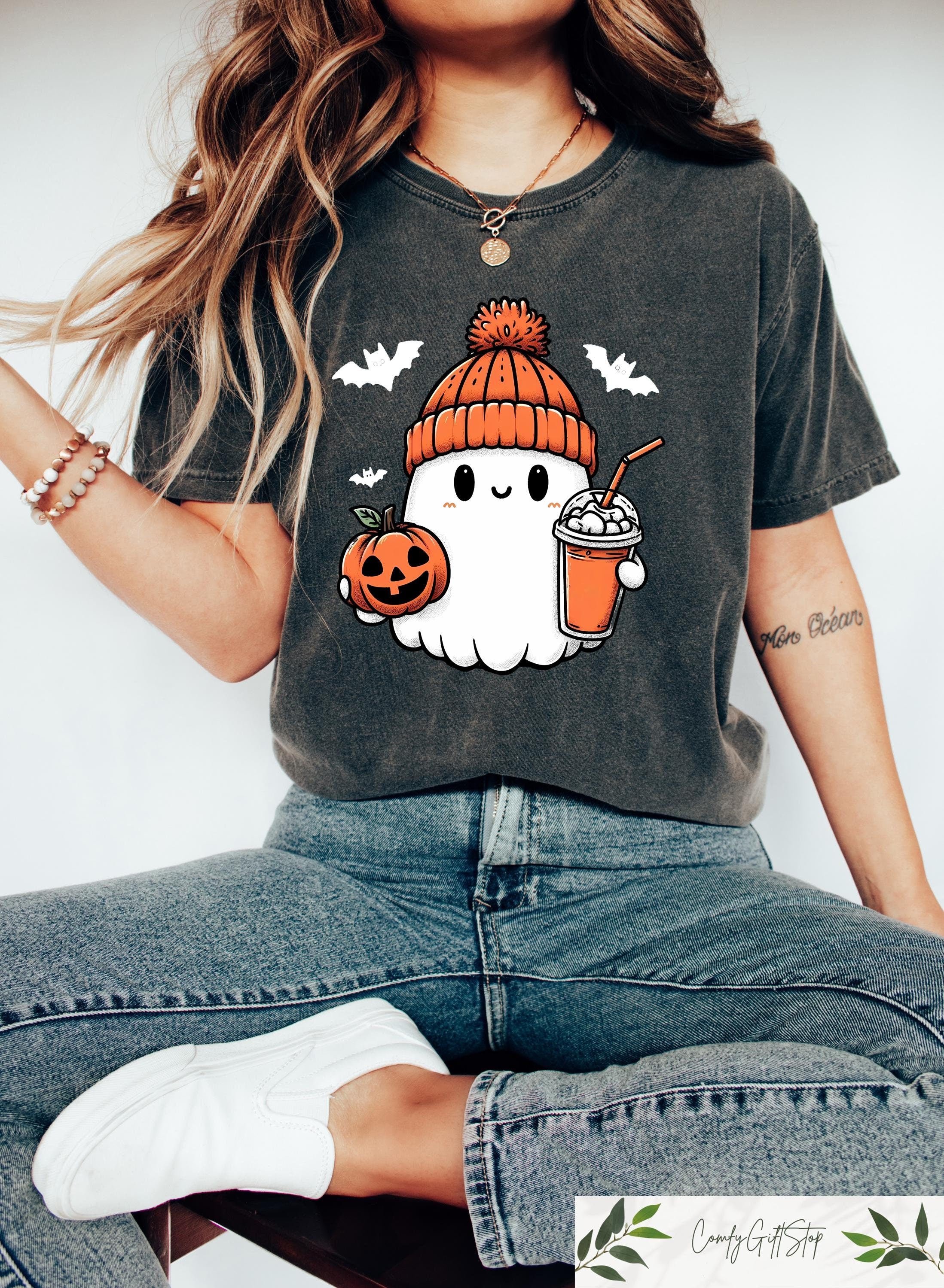 Cute Halloween Ghost Sweatshirt With Pumpkin And Coffee Cozy Fall Sweatshirt Halloween Gift Halloween Party Shirts Halloween Crewneck Sweatshirt – Everyday Comfort · Perfect For Daily Wear