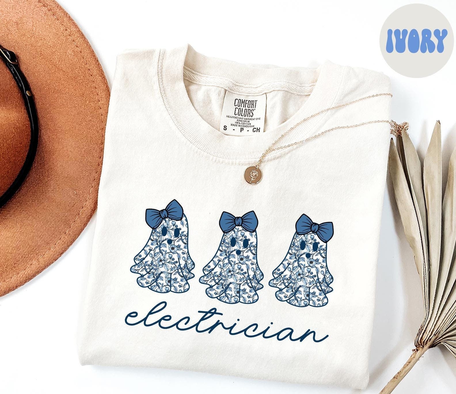 Electrician French Blue Toile Halloween Ghosts Coquette Floral Shirt Gifts Comfort Colors Tshirt Crewneck Tee Crew Neck Women Graphic Tee – Soft Feel · Must-Have Style