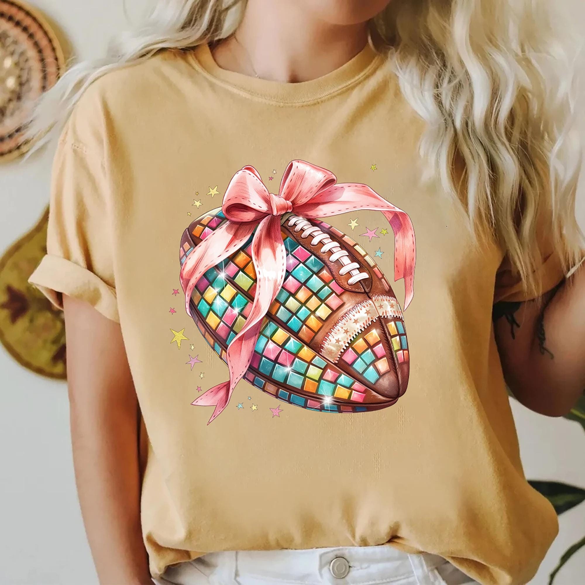 Football with Ribbon Shirt for Women and Teens Girly Football Season Oversized Tee Coquette Football Era T Shirt Fall Football Graphic Tee – Cozy Vibes · Perfect For Daily Wear