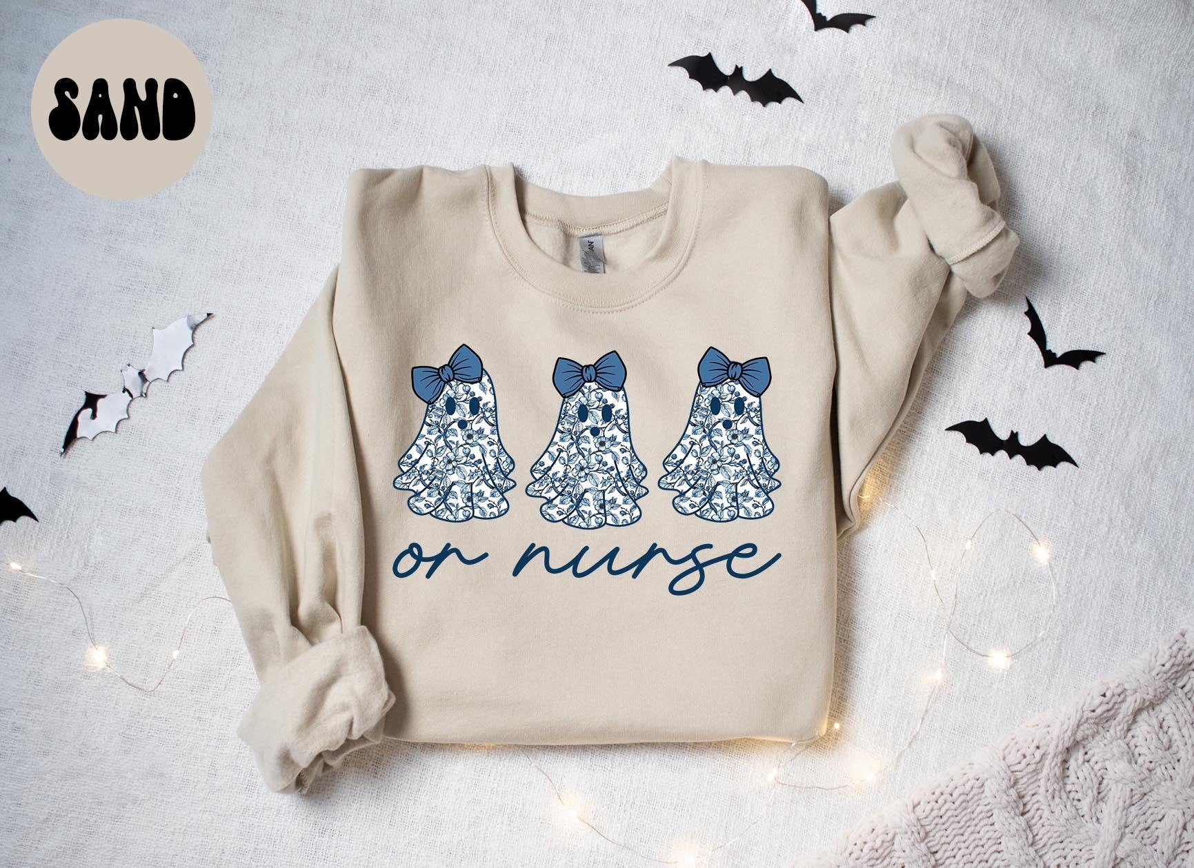 OR Nurse French Blue Toile Halloween Ghosts Coquette Floral Sweatshirt Gifts for Her Funny Sweater Shirt Cozy Comfy Unique Sweatshirt – Aesthetic Look · Perfect For Daily Wear