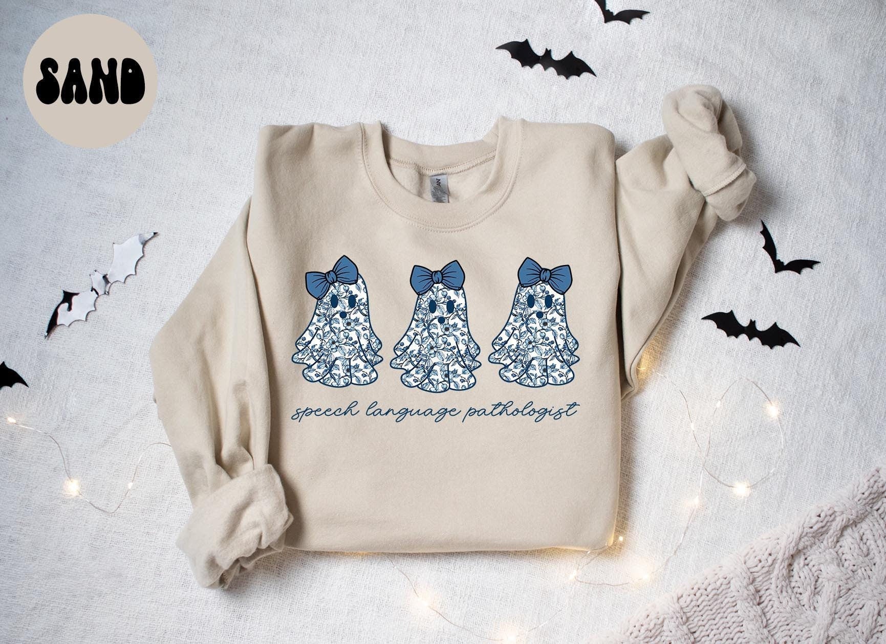 SLP Speech Language Pathologist French Blue Toile Halloween Ghosts Coquette Sweatshirt Gifts for Her Funny Sweater Shirt Cozy Comfy Sweatshirt – Cozy Vibes · Top Pick For Any Outfit