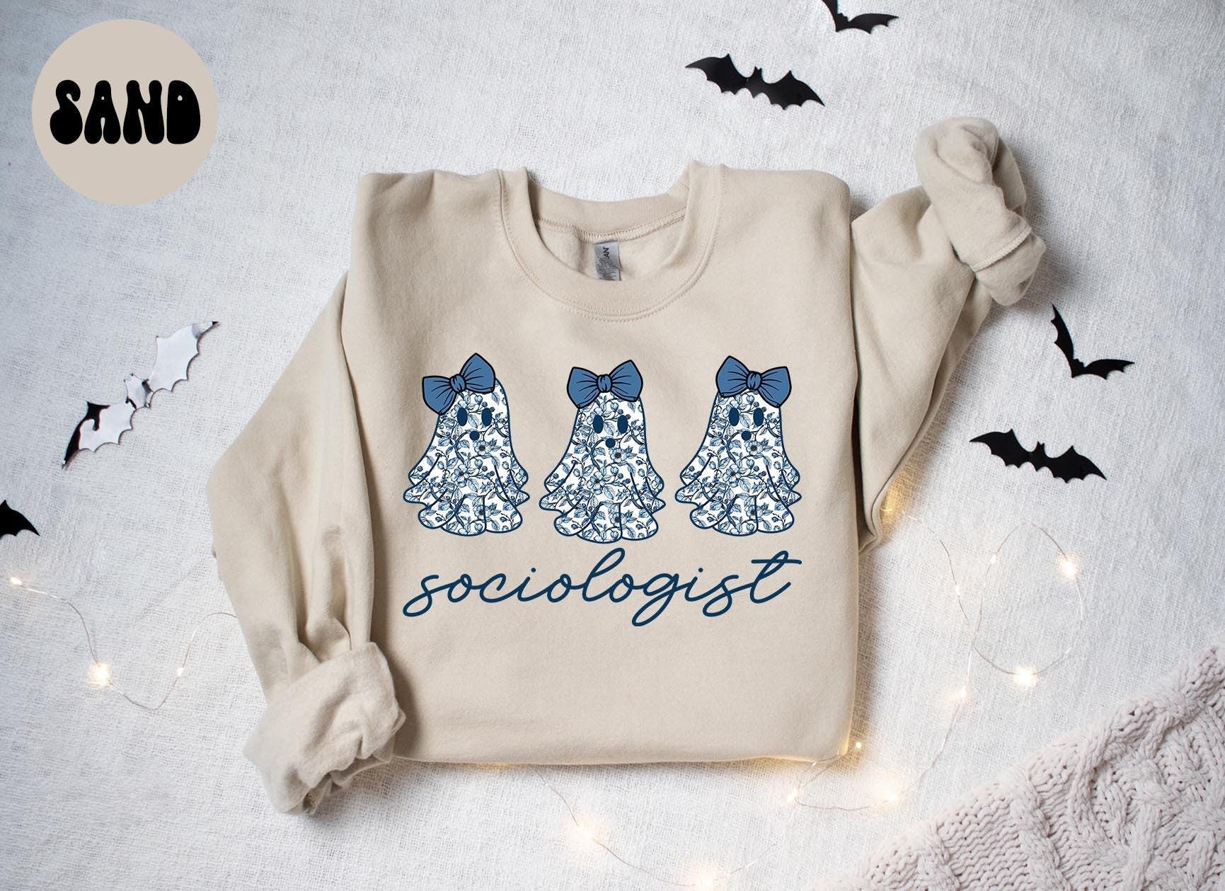 Sociologist Sociology French Blue Toile Halloween Ghosts Coquette Floral Sweatshirt Gifts for Her Funny Sweater Shirt Cozy Comfy Unique Sweatshirt – Soft Feel · Top Pick For Any Outfit