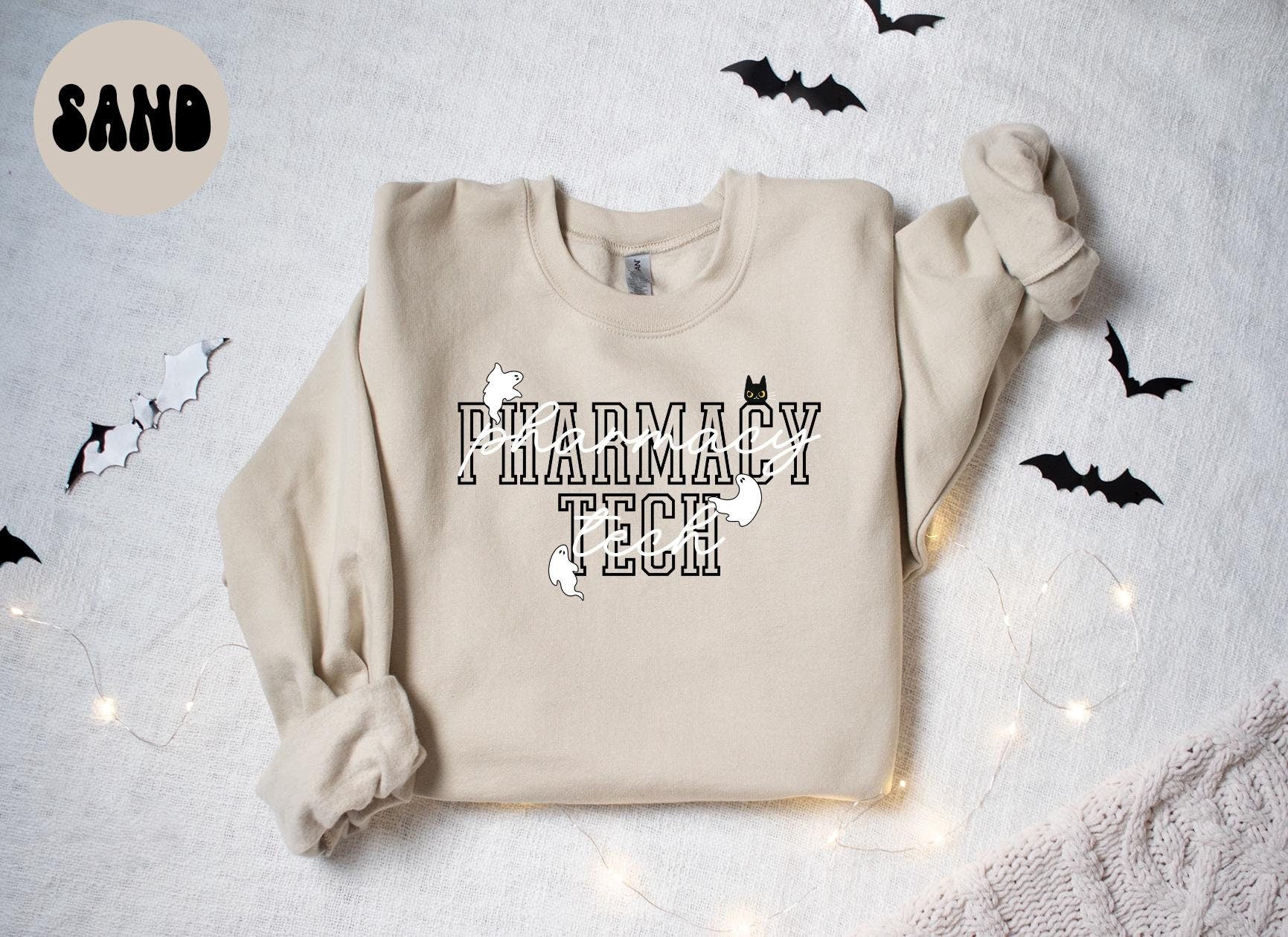 Pharmacy Tech Halloween Ghost Cat Sweatshirt Gifts for Her Funny Sweater Shirt Cozy Comfy Unique Sweatshirt – Everyday Comfort · Must-Have Style