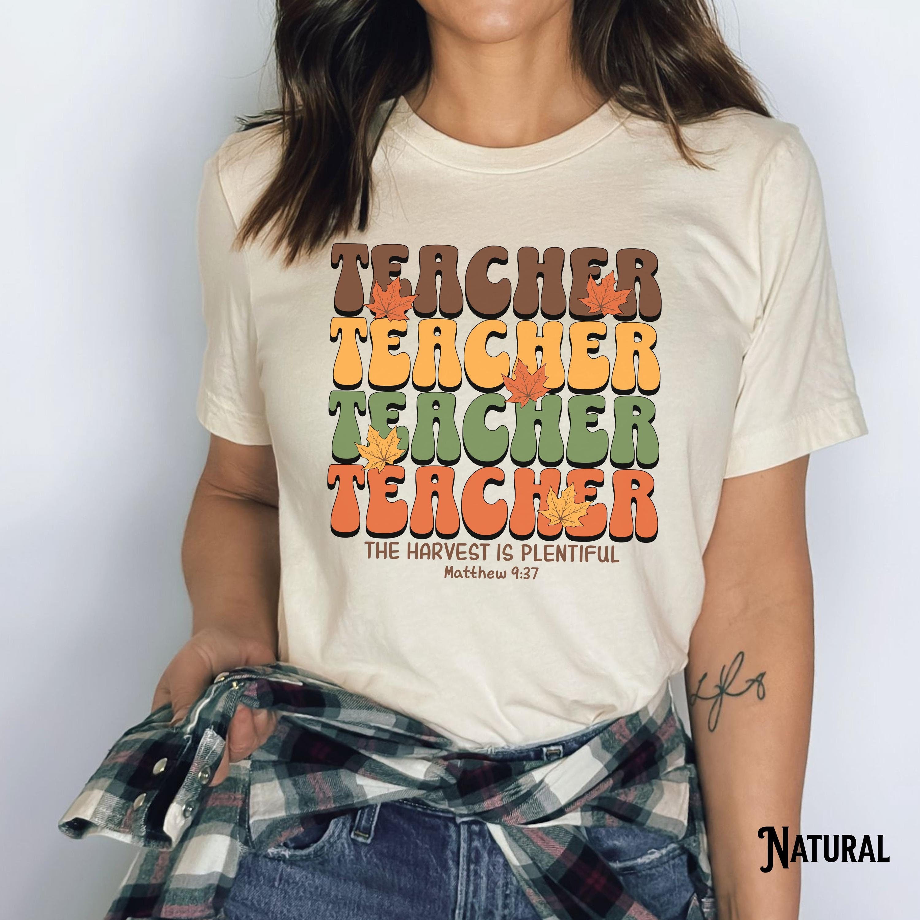 Christian Teacher Fall Shirt Autumn Halloween Religious Bible Verse Tee The Harvest is Plentiful Faith Gift for Christian Leaves Graphic Tee – Premium Graphic · Top Pick For Any Outfit