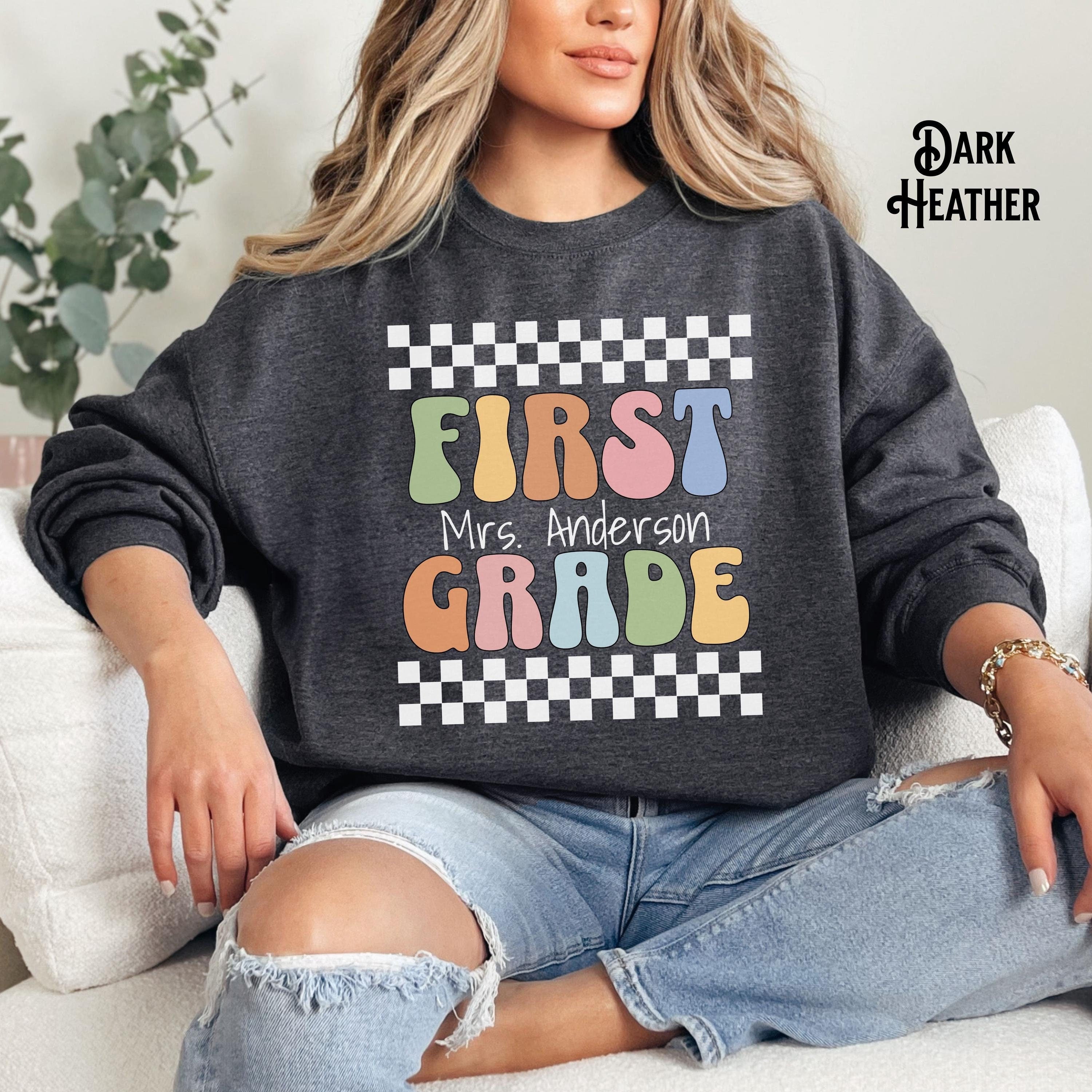 Custom Teacher Sweatshirt Checkered Retro First Grade Second Grade Third Grade Forth Grade Fifth Grade Kindergarten Personalized Sweatshirt – Premium Graphic · High-Quality Print