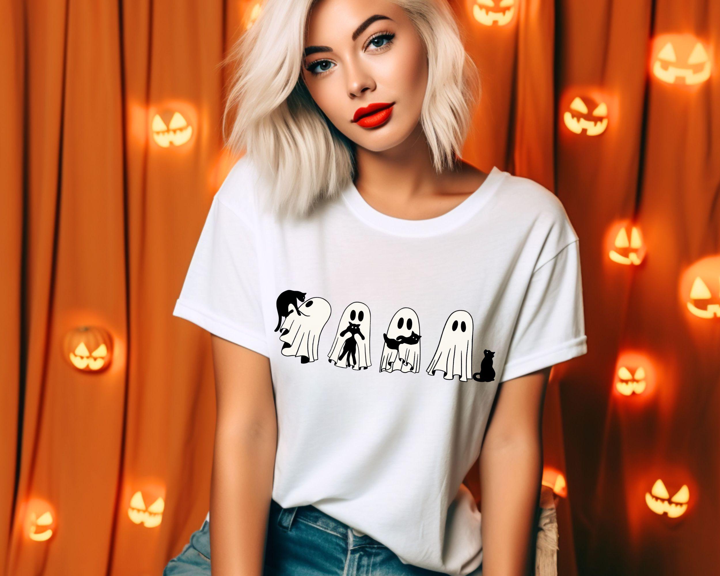 Halloween Black Cat Ghost Shirt Halloween Ghost Tshirt Spooky Season Cat Tee Halloween Cute Women Outfit Halloween Gift Ghost Sweater Graphic Tee – Fan Favorite · Trending Graphic Apparel