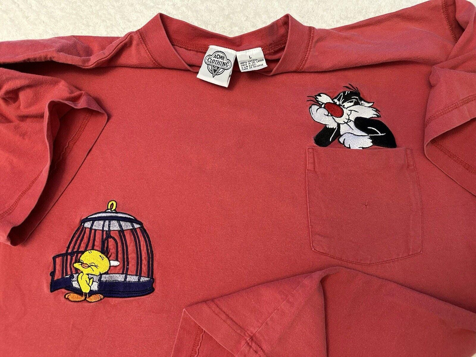 Vintage 1990s 90s Sylvester Cat Tweety Bird Embroidered Pocket Acme T Shirt L XL Graphic Tee – Soft Feel · Must-Have Style