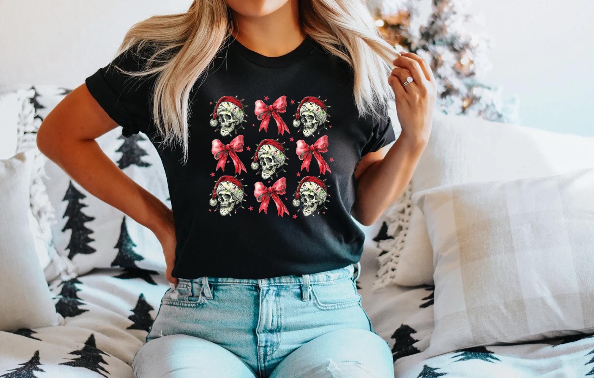 Christmas Coquette Skeleton Shirt Coquette Christmas Shirt Skulls and Bows Coquette Christmas Shirt Halloween Skull Shirt Holiday Season Graphic Tee – Easygoing Wear · Perfect For Daily Wear