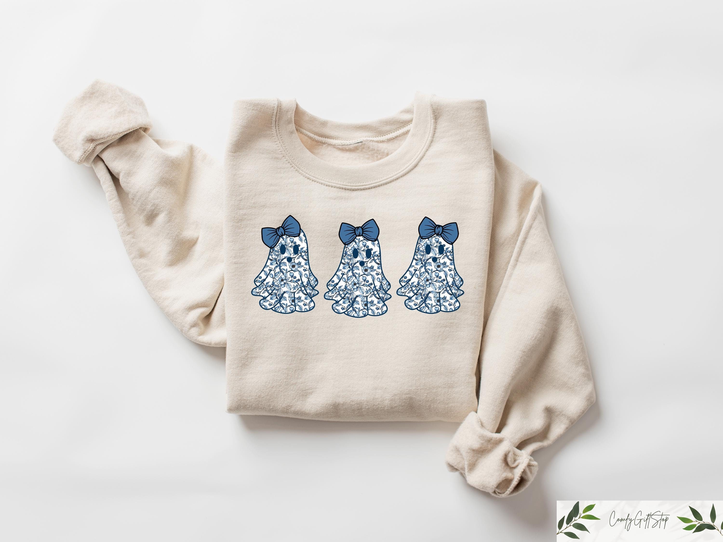 Cute Blue Toile Boujee Ghost Sweatshirt Coquette Blue Floral Halloween Bow Ghost Shirt Halloween Gifts Girly Feminine Halloween Crewneck Sweatshirt – Everyday Comfort · Great Gift For Fans