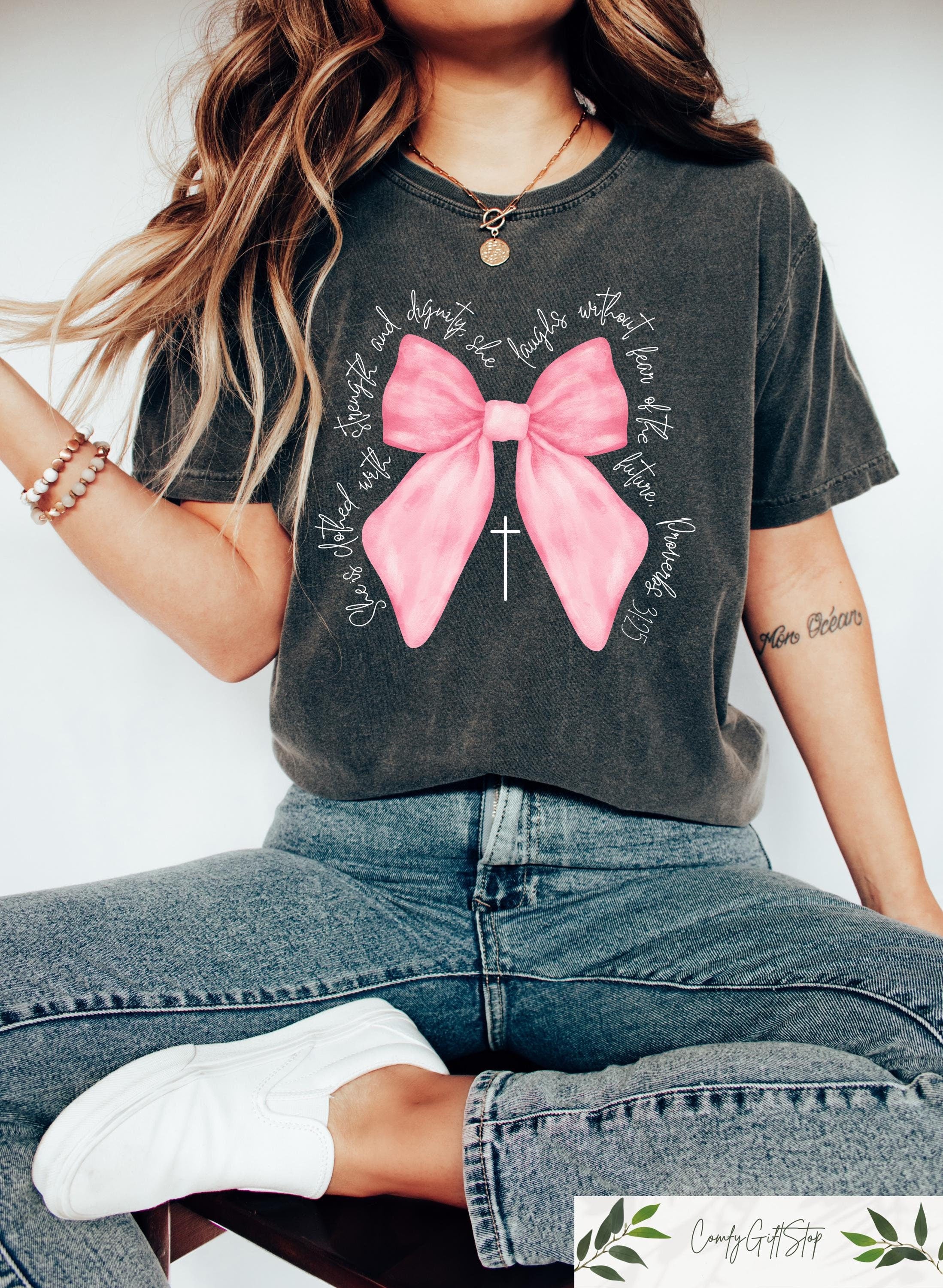 Retro Comfort Christian Shirts Bible Verse Pink Bow Shirt Coquette Christian T Shirt Women39s Inspirational Shirt Coquette Mommy Sweater Graphic Tee – Aesthetic Look · Trending Graphic Apparel