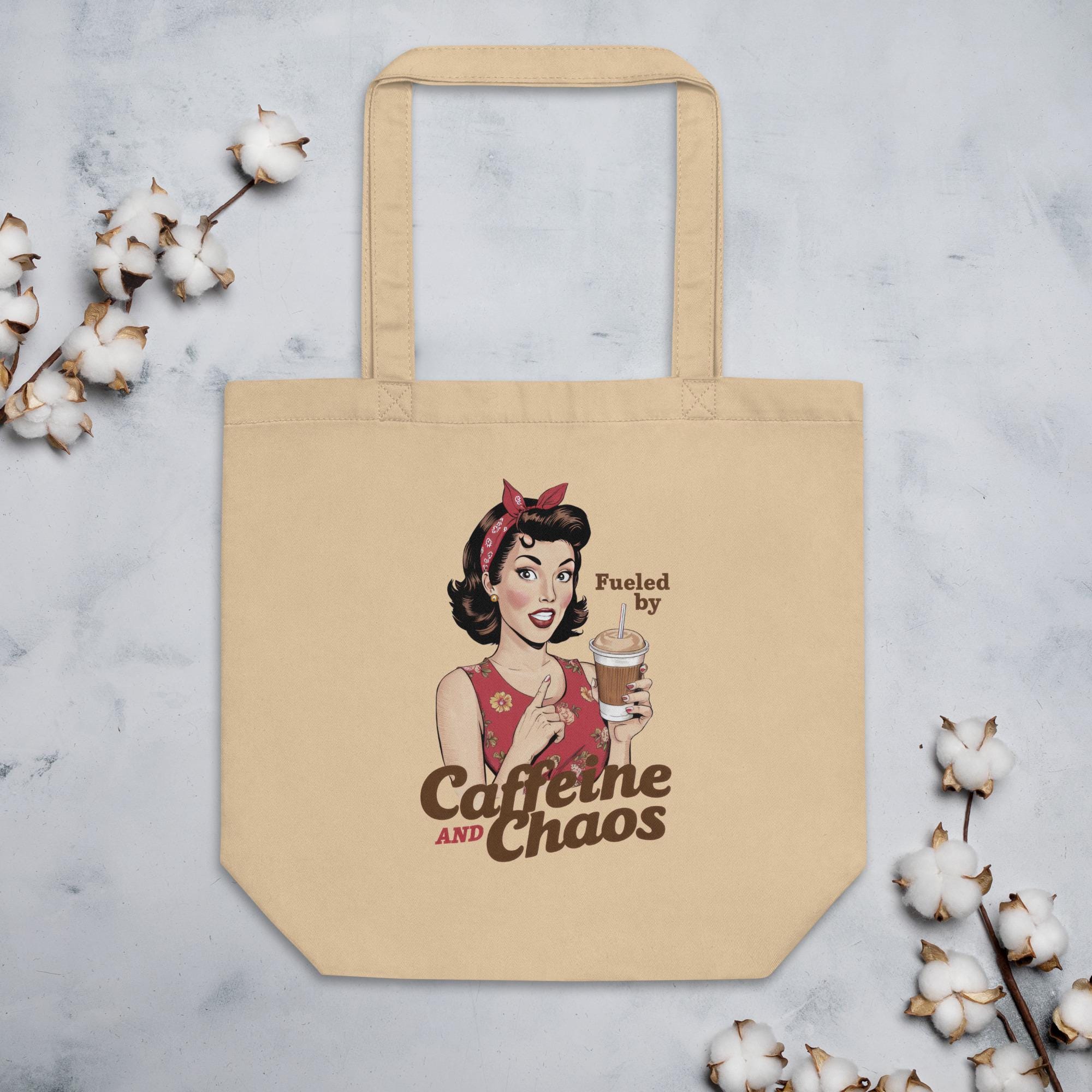 Fueled By Caffeine and Chaos Retro Mom Funny Sarcastic Eco Tote Bag Tote Bag – Bold Style · Trending Graphic Apparel