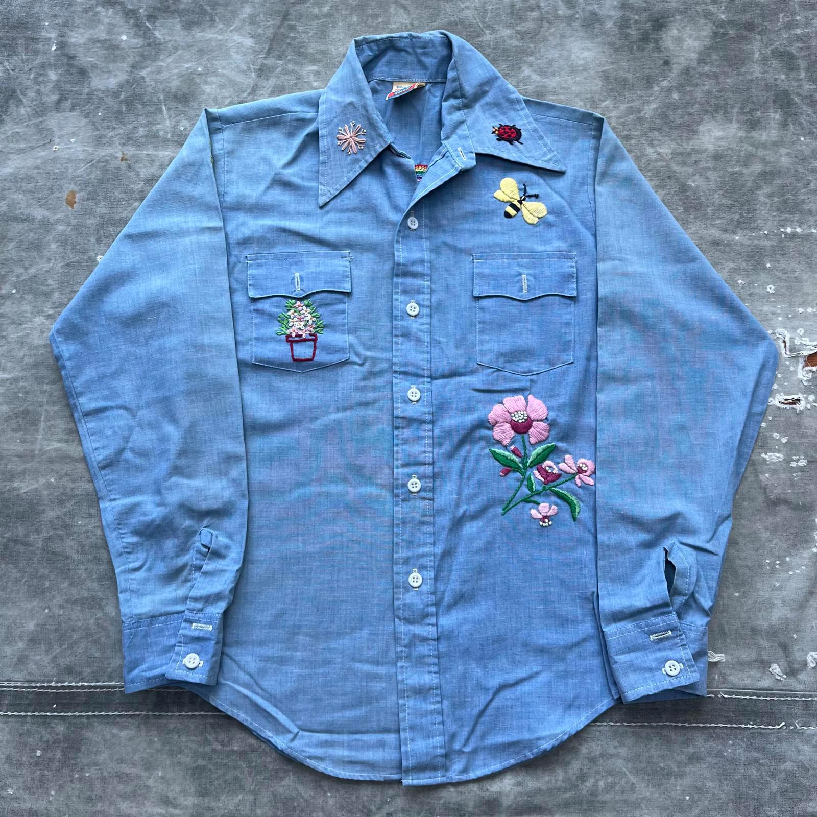 Vintage 70s Sears Chambray Chain Stitch Floral Nature Shirt Graphic Tee – Feel-Good Design · Perfect For Daily Wear