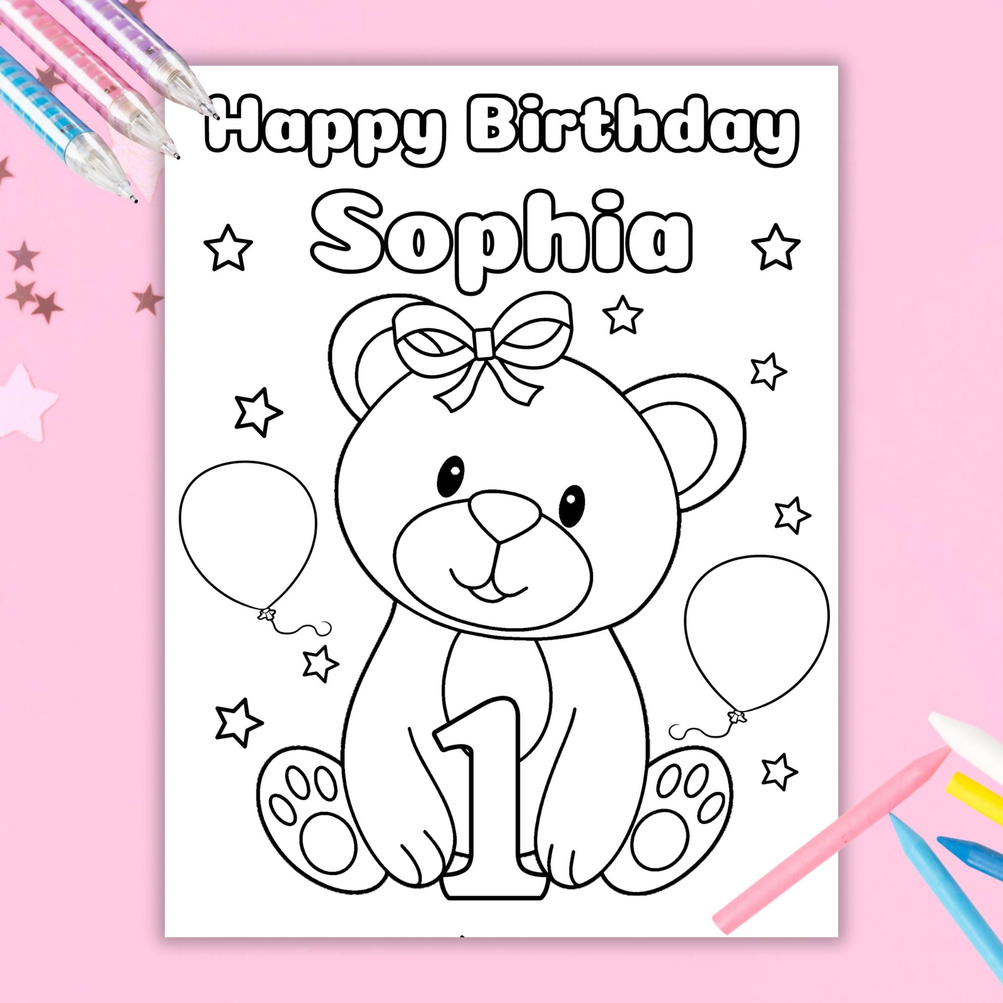 Editable Birthday Coloring Sheet Bear Theme Birthday Activity Sheet Girl 1st Birthday Teddy Bear Coloring Page Girl Birthday Party Favors Graphic Tee – Premium Graphic · Top Pick For Any Outfit