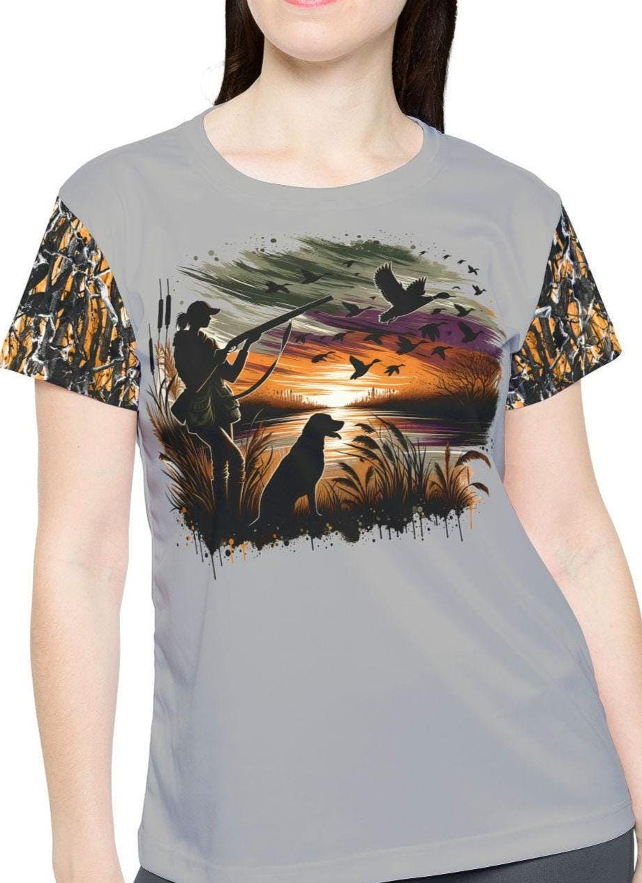 Women39s Duck Hunting Tee Graphic Duck Goose Hunting Tee with Hunting Dog Duck Hunter Shirt Outdoor Hunting Apparel Gift for Female Hunter Graphic Tee – Bold Style · Trending Graphic Apparel
