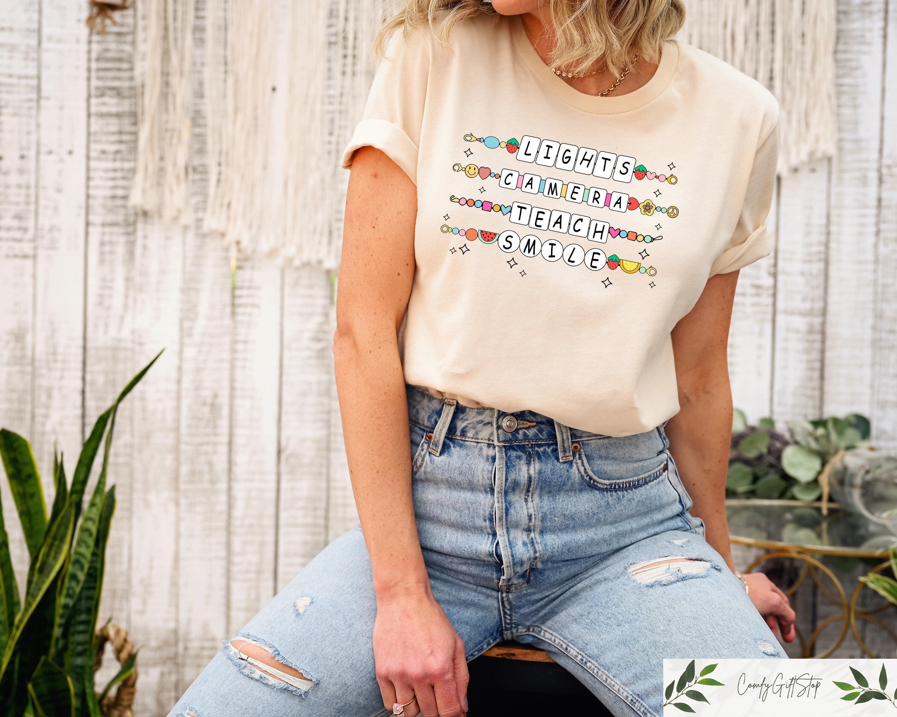 Lights Camera Teach Teacher Shirt Groovy Teacher Tshirt Teacher Friendship Bracelet Shirt Back To School Shirt Funny School Tshirt Graphic Tee – Soft Feel · Perfect For Daily Wear