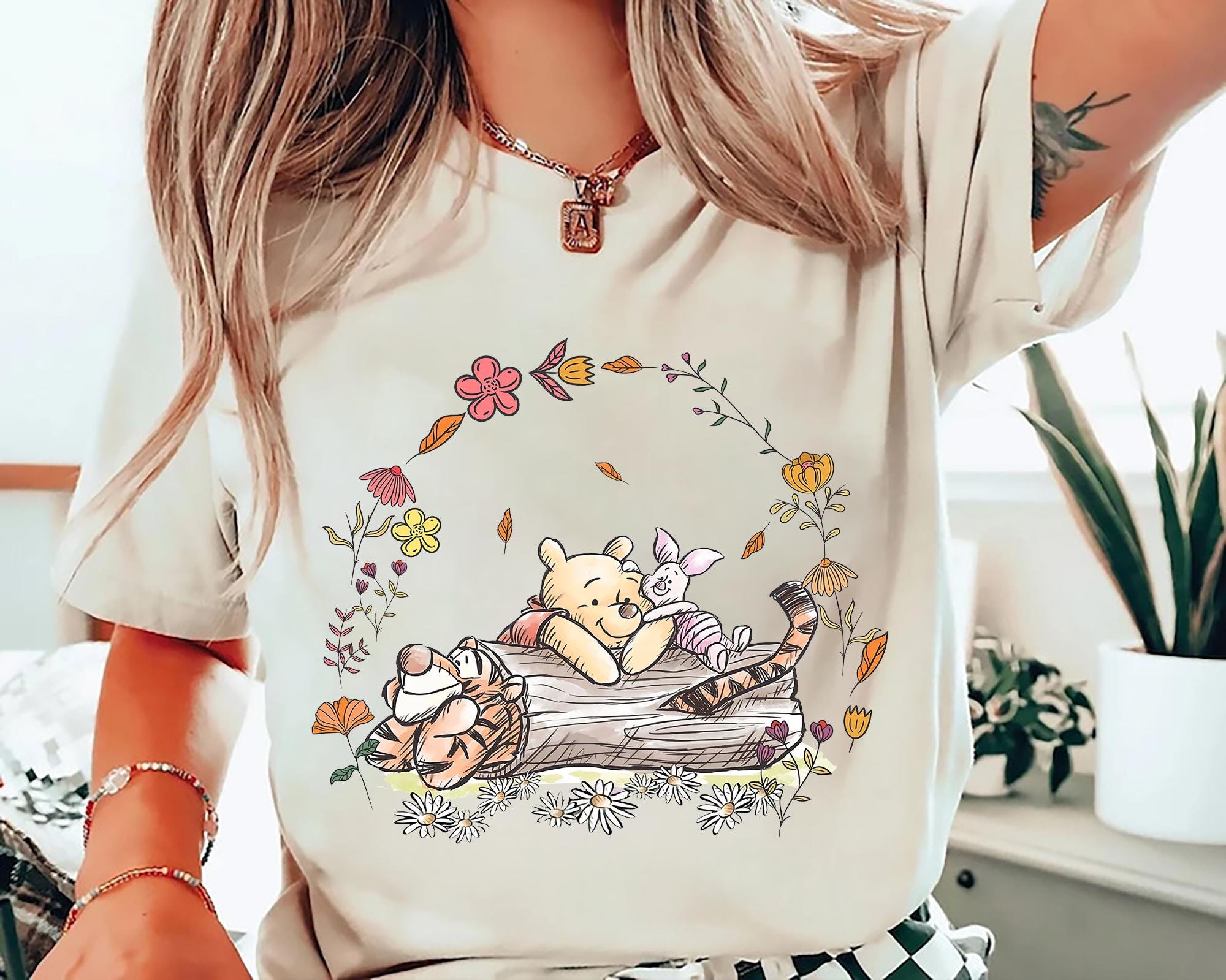 Disney Winnie the Pooh Floral T Shirt Pooh Tigger and Piglet Friends Shirt Hundred Acre Woods Vintage Tee Gift for Pooh Fans Graphic Tee – Aesthetic Look · Great Gift For Fans