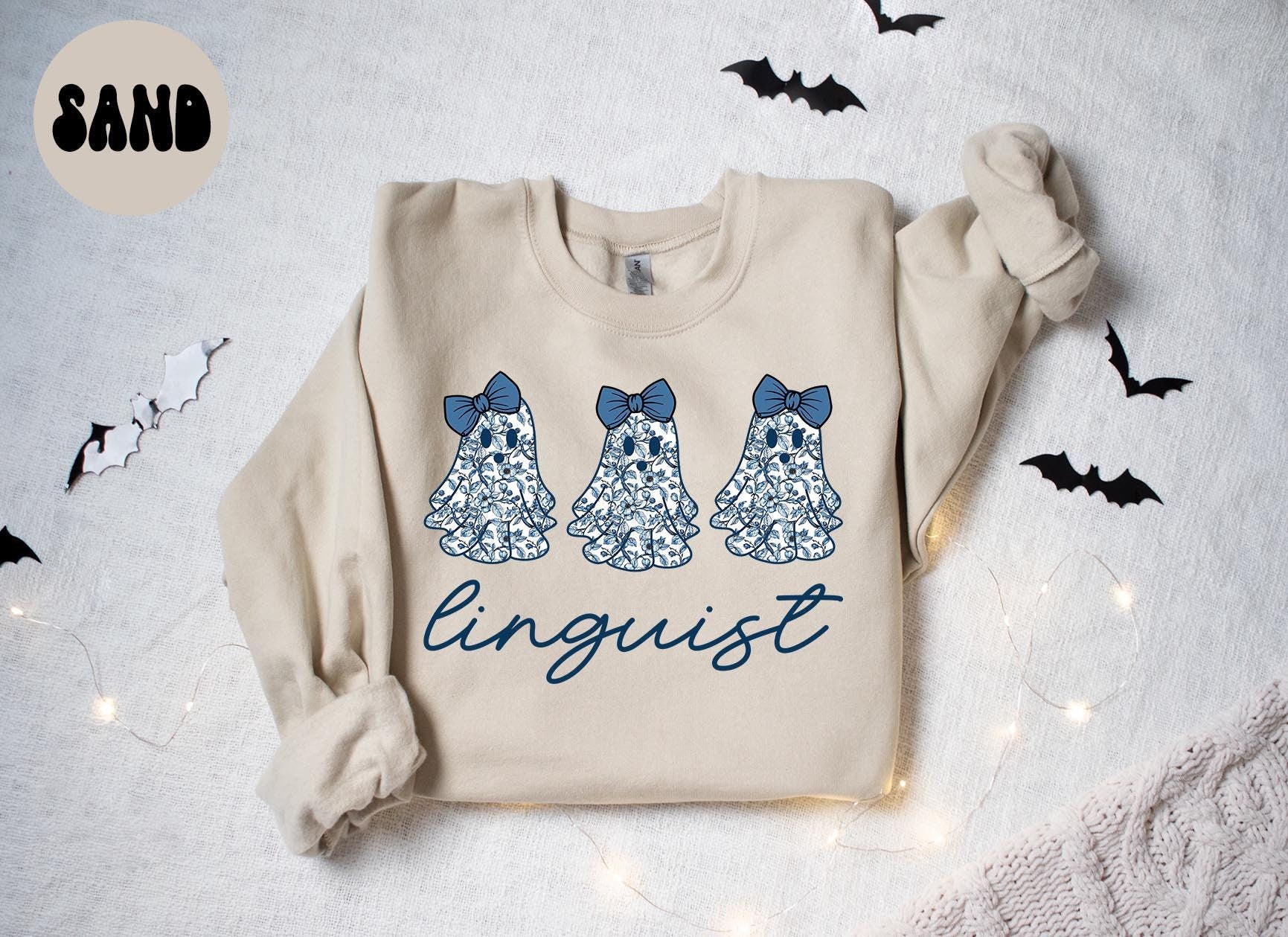 Linguist Linguistics French Blue Toile Halloween Ghosts Coquette Floral Sweatshirt Gifts for Her Funny Sweater Shirt Cozy Comfy Unique Sweatshirt – Fan Favorite · Perfect For Daily Wear