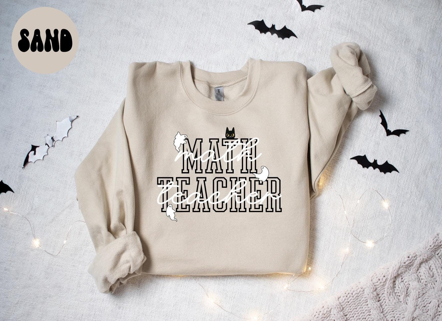 Math Teacher Halloween Ghost Cat Sweatshirt Gifts for Her Funny Sweater Shirt Cozy Comfy Unique Sweatshirt – Warm & Stylish · Great Gift For Fans