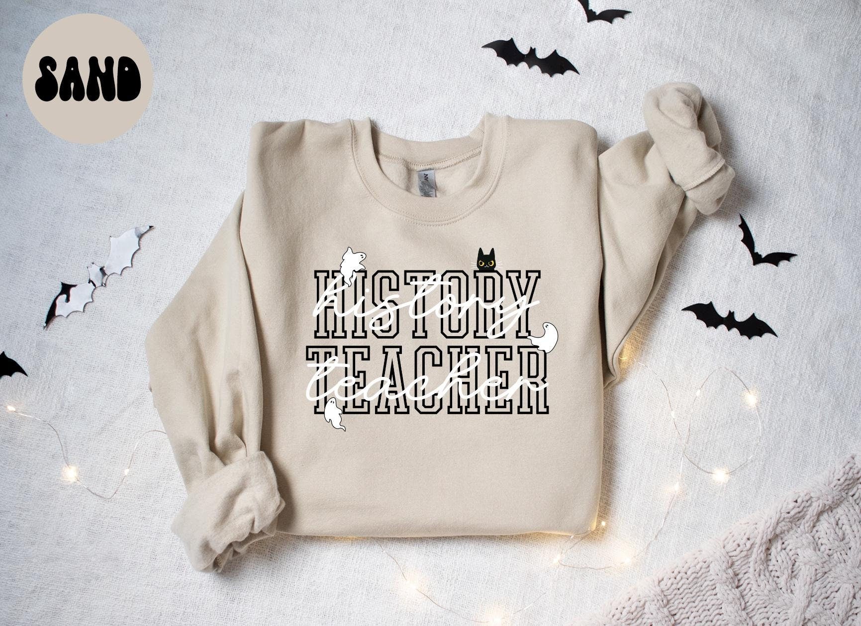 History Teacher Halloween Ghost Cat Sweatshirt Gifts for Her Funny Sweater Shirt Cozy Comfy Unique Sweatshirt – Warm & Stylish · Perfect For Daily Wear
