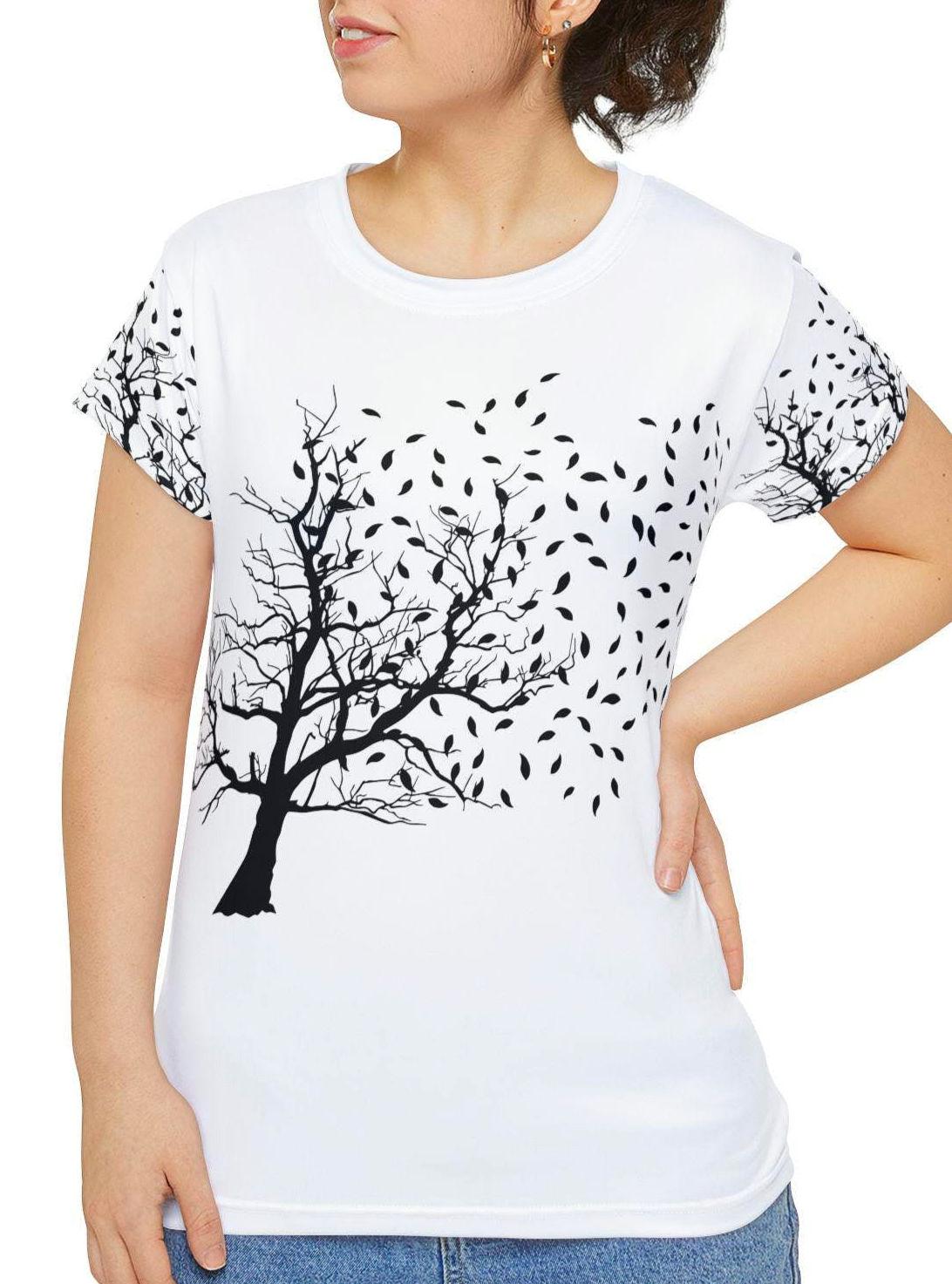 Falling Leaves Women39s Shirt Autumn Tree Silhouette Tee Nature Lover Top Fall Foliage T Shirt Seasonal Graphic Tee Leaves Print Shirt Graphic Tee – Cozy Vibes · High-Quality Print