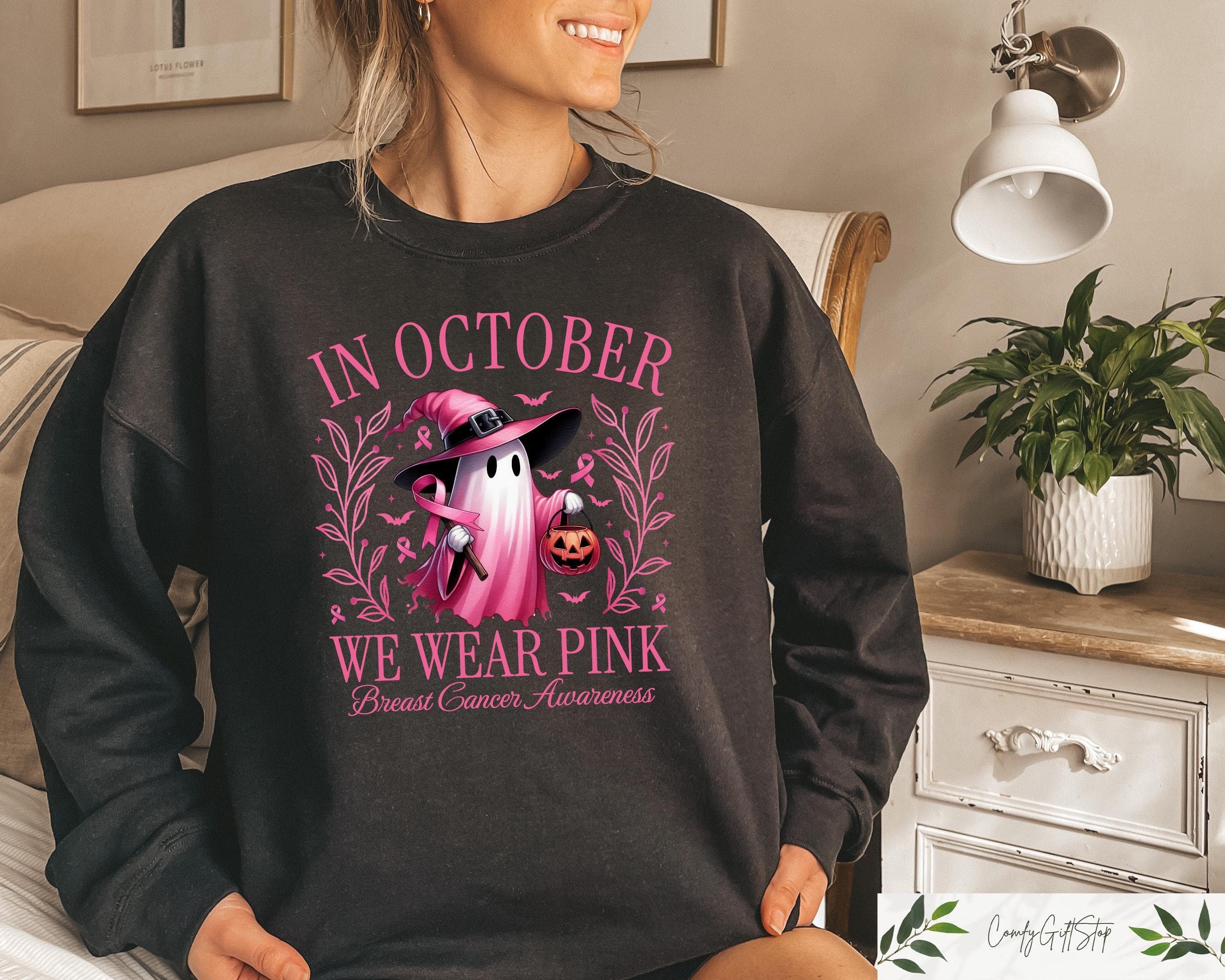 In October We Wear Pink Sweatshirt Breast Cancer Awareness Tshirt Fall Cancer Support Shirts Cancer Support Ghost Crewneck Sweatshirt – Cozy Vibes · Trending Graphic Apparel