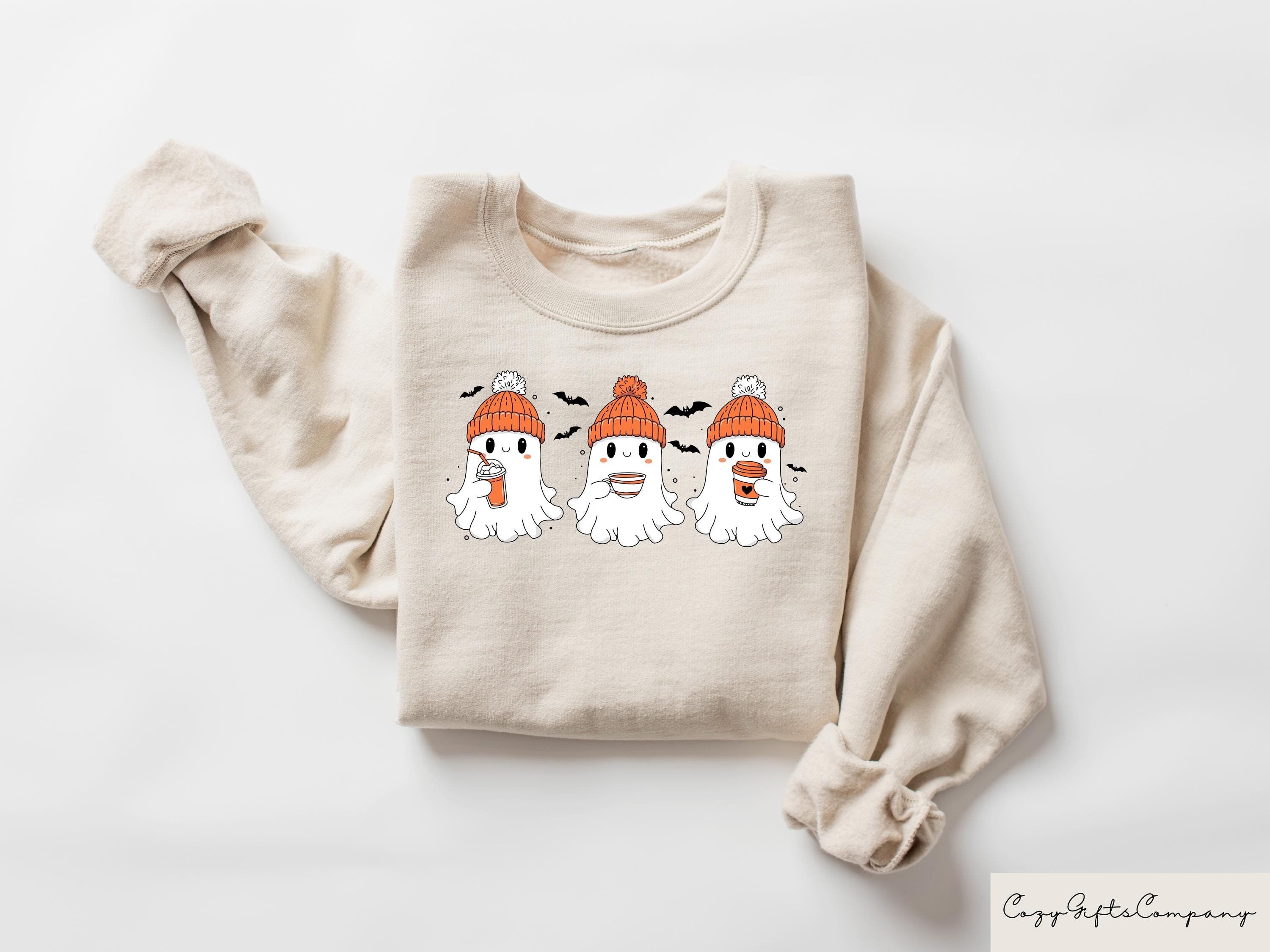 Coffee Ghosts Halloween Sweatshirt Cute Ghosts With Coffee Halloween Crewneck Boojee Girl Halloween Tshirt Trendy Halloween Gift Sweatshirt – Warm & Stylish · Top Pick For Any Outfit
