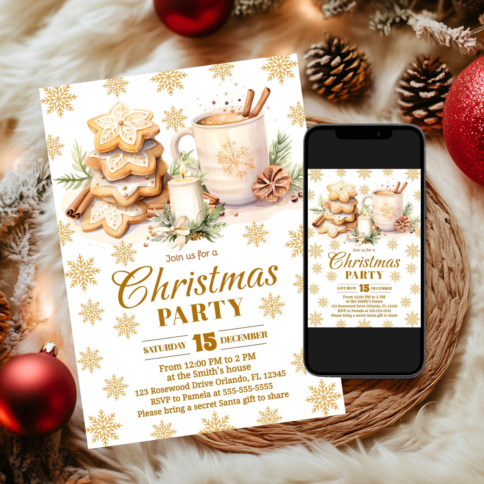 Cozy Christmas Party Invitation Boho Neutral Christmas Party Invite Holiday Work Party Invitation Printable Christmas Cookies Invite Graphic Tee – Warm & Stylish · Great Gift For Fans