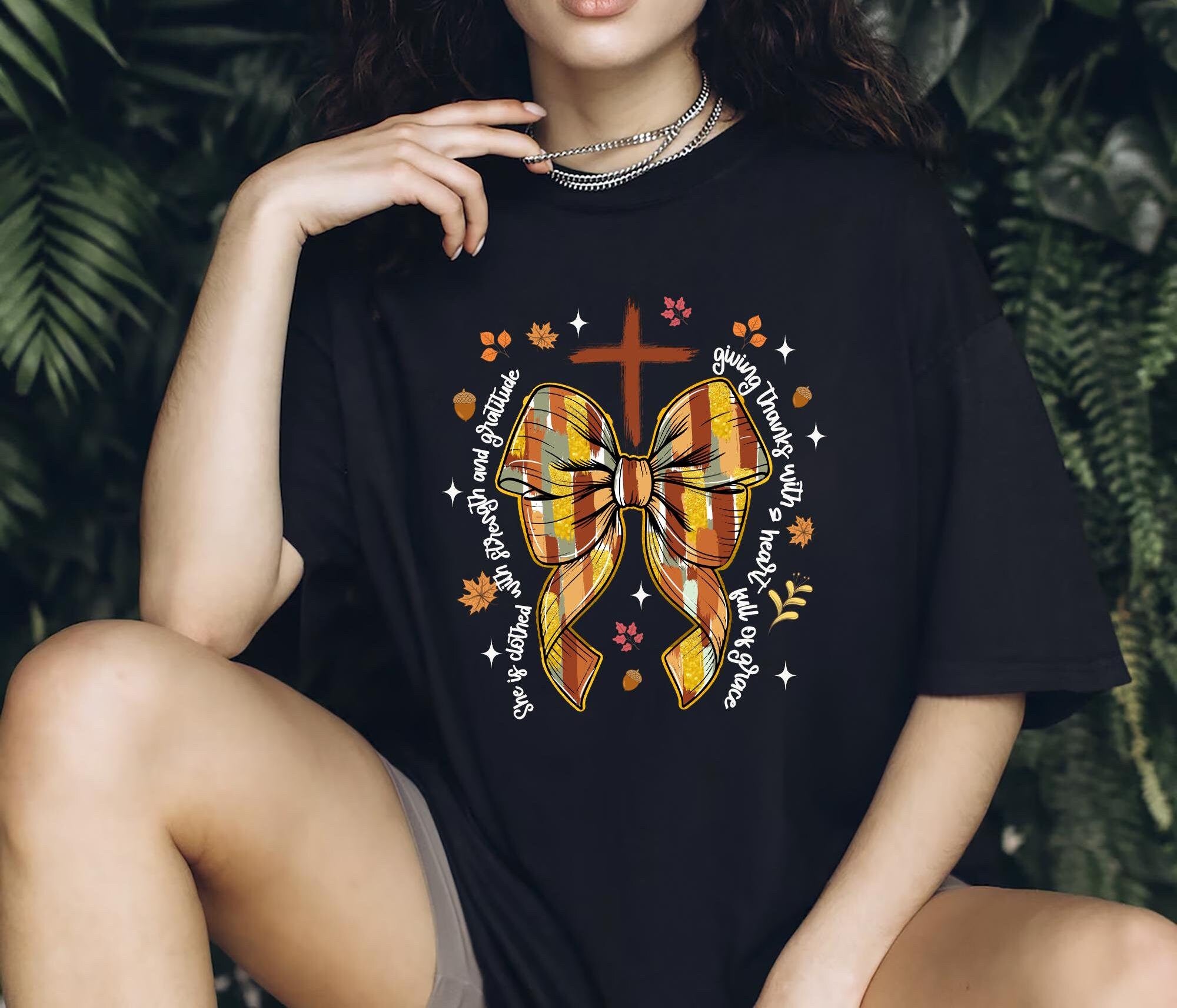Christian Thanksgiving Shirt Faith Cross Fall Tee Religious Autumn Apparel For Church Christian Fall T Shirt Perfect Fall Bow Gift For Mom Graphic Tee – Everyday Comfort · Must-Have Style