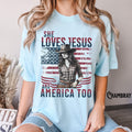 Patriotic Western Shirt 4th of July Rodeo Shirt She Loves Jesus and America Too Patriotic Cowboy Cowgirl USA Flag Graphic Tee – Premium Graphic · Great Gift For Fans