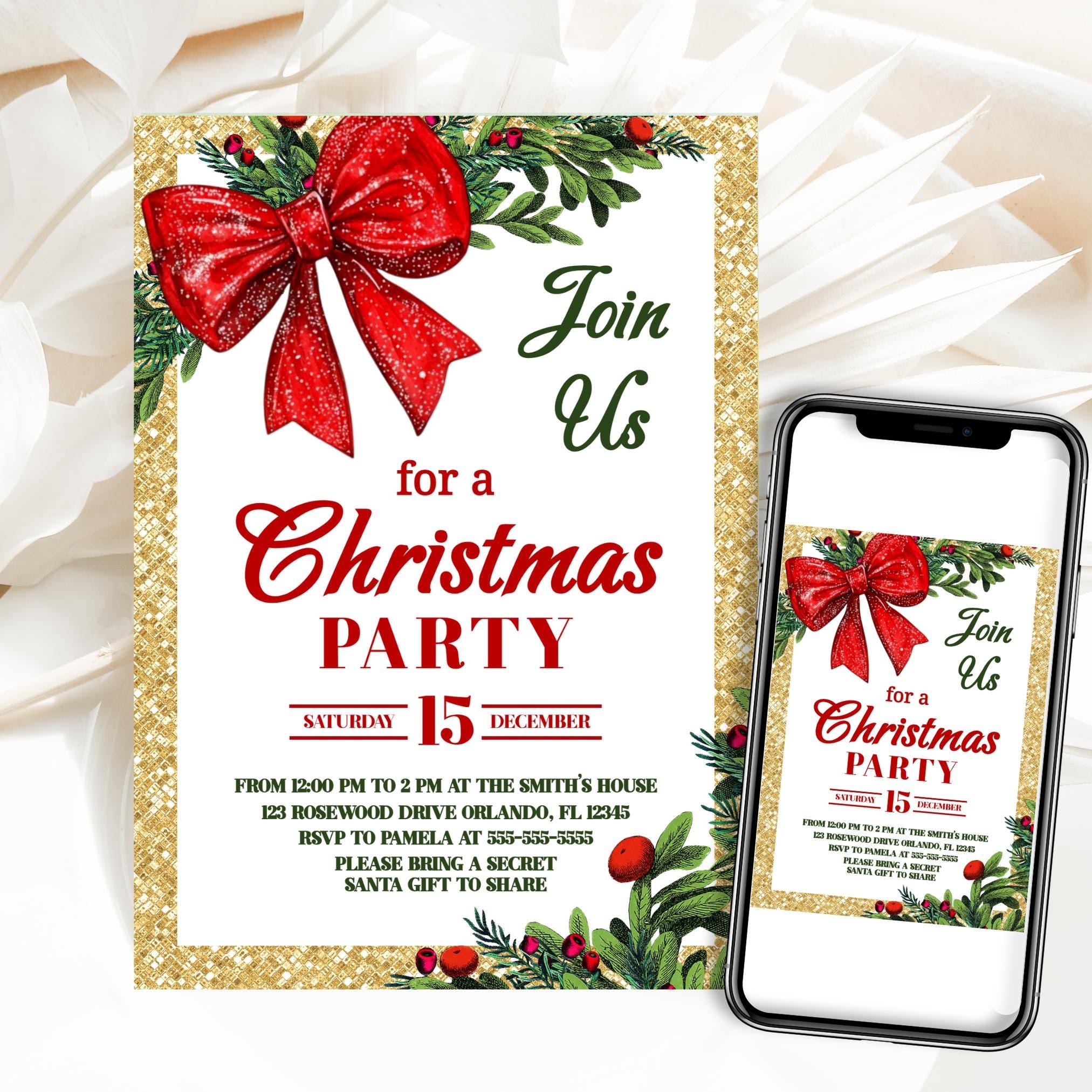 Christmas Bow Party Invite Editable Invitations Holiday Work Party Digital Invitation Christmas Party Invitation Classy Christmas Dinner Graphic Tee – Everyday Comfort · Great Gift For Fans