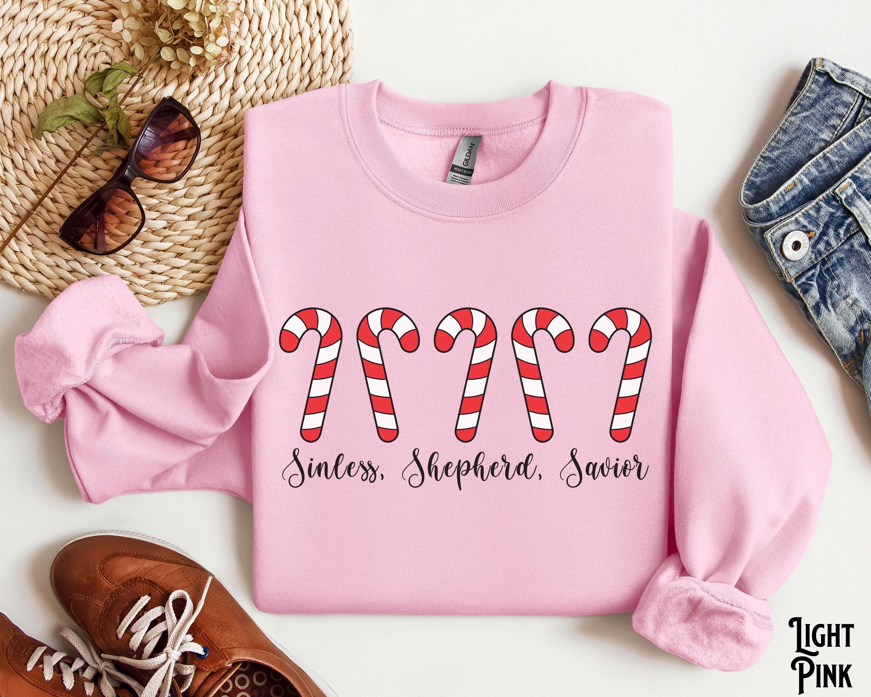 Christian Christmas Candy Cane Crewneck Sweatshirt Sinless Shepherd Savior Holiday Cozy Winter Bible Verse Scripture Jesus Sweatshirt – Cozy Vibes · Great Gift For Fans